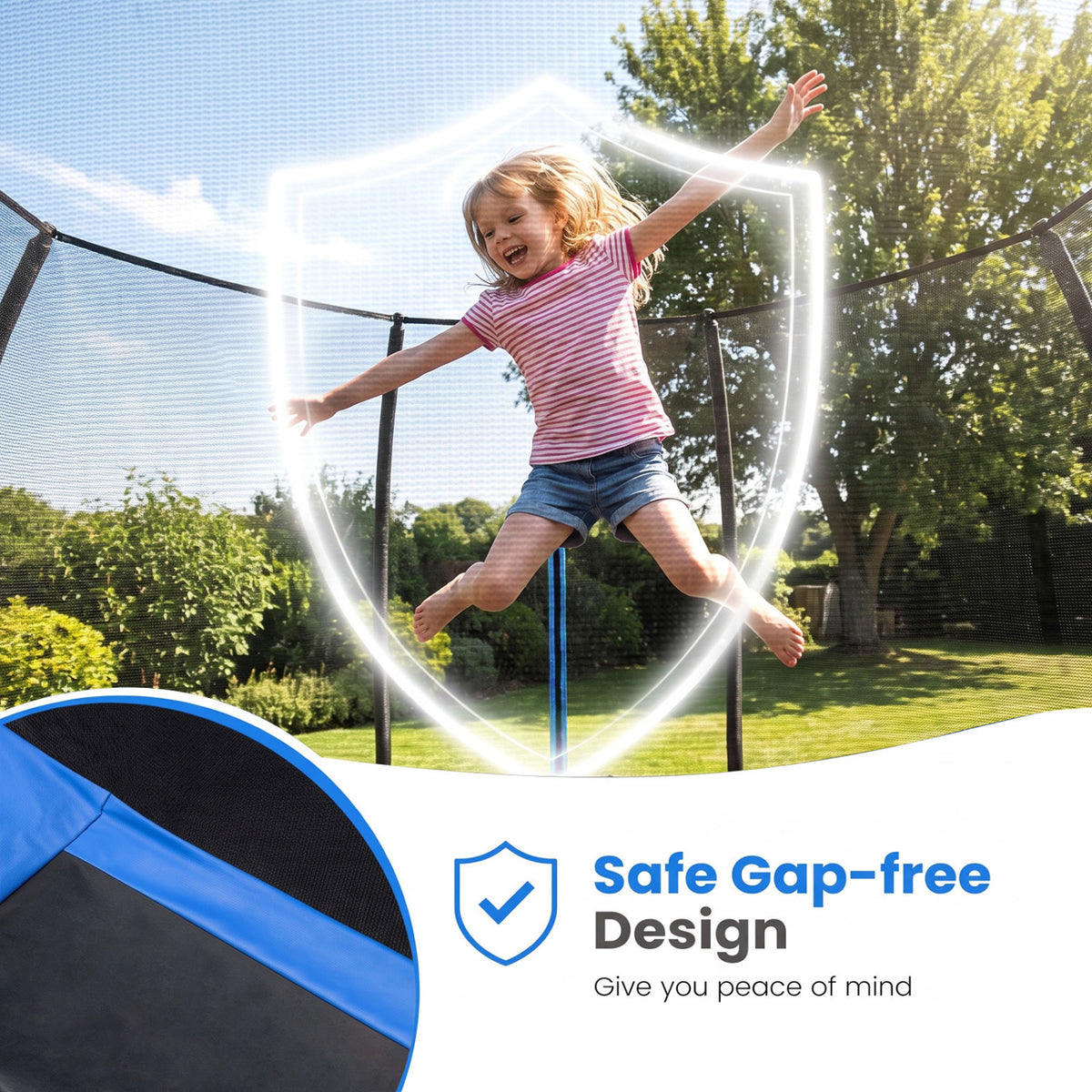A child jumps inside a trampoline enclosure, with an inset showing the blue edge of the mat beside the net.