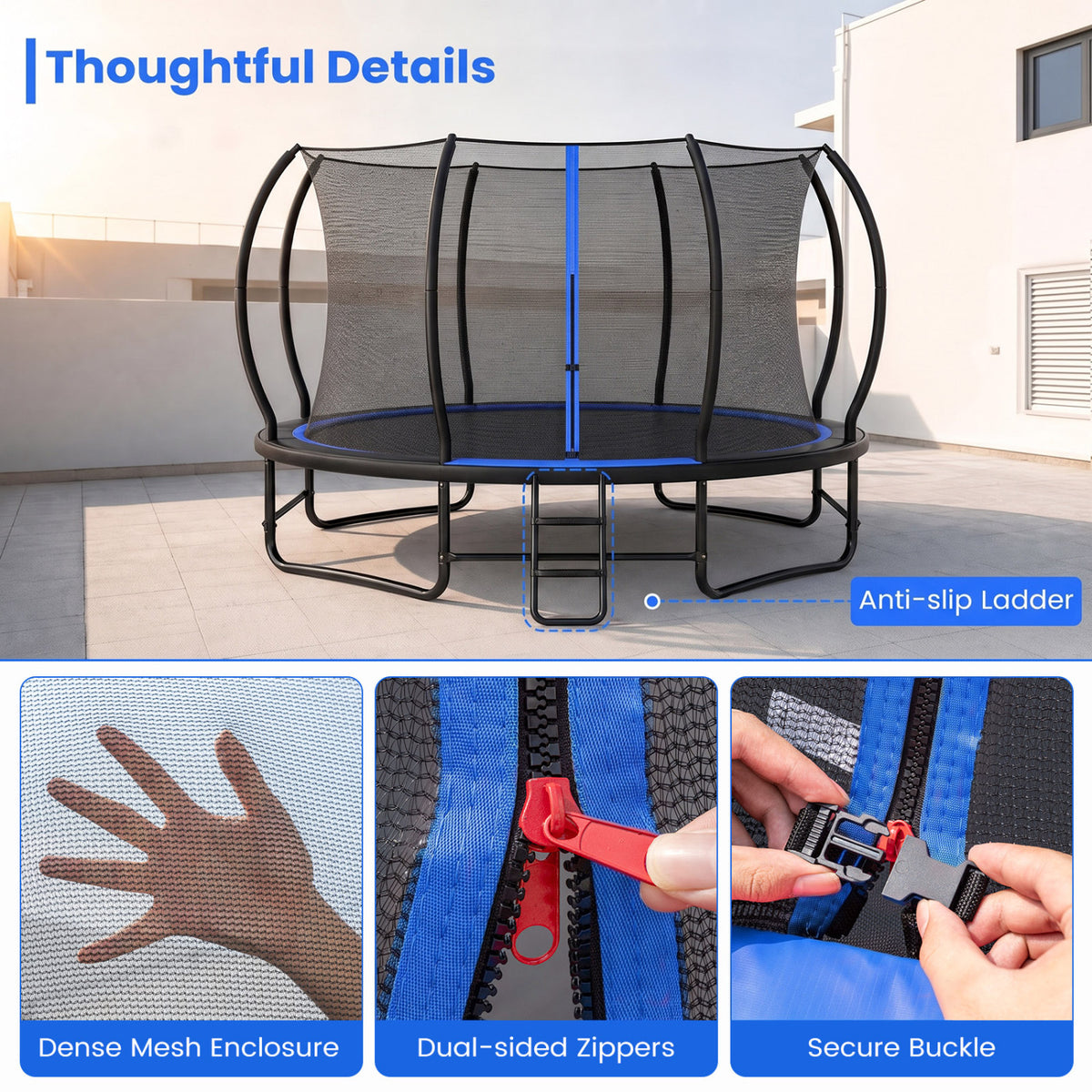 A trampoline with a surrounding safety net and ladder is shown above close-ups of the mesh, zipper, and buckle.