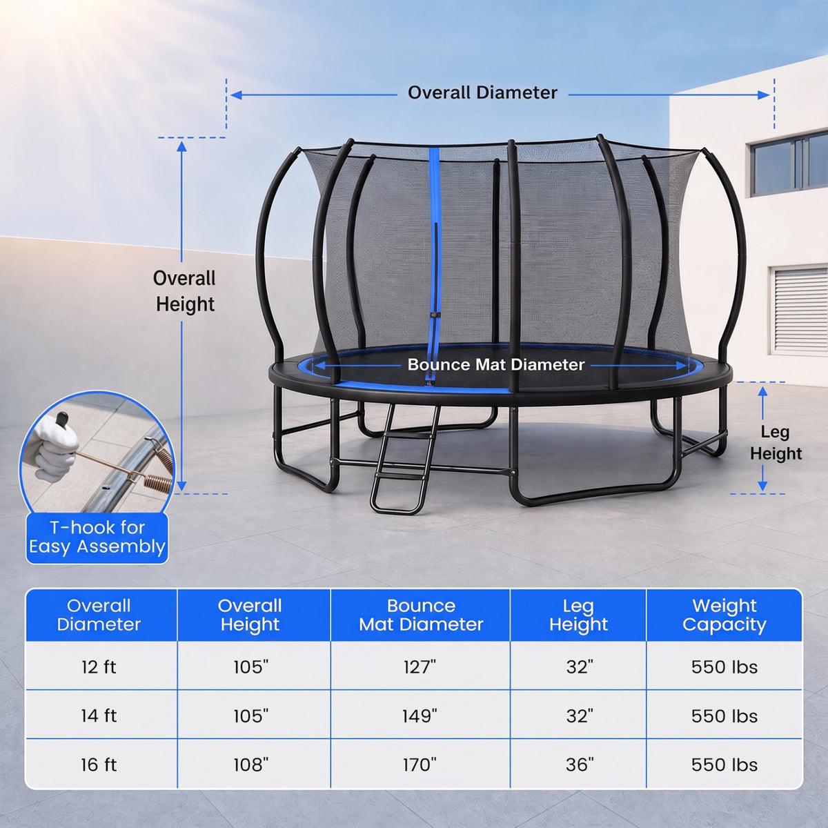 Trampoline diagram with arrows marking overall and mat dimensions, leg height, and a small assembly inset.