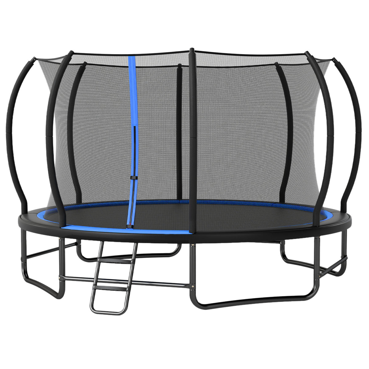 Angled view of a round trampoline showing its enclosure net, curved poles, metal legs, and ladder.