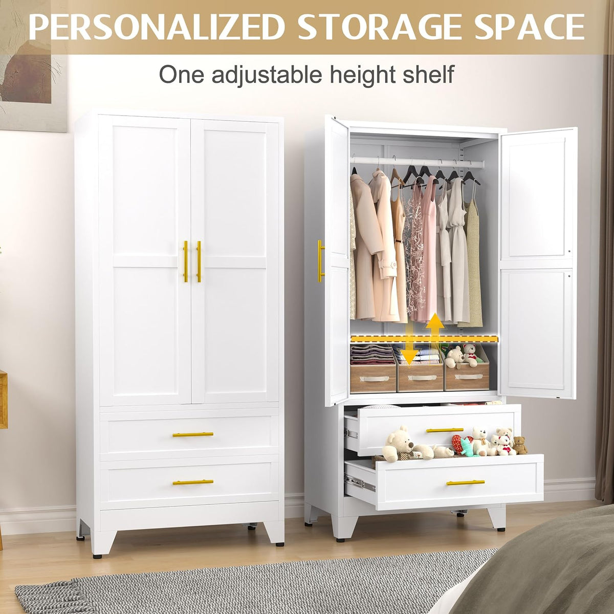 Two white wardrobe cabinets side-by-side with one open to show adjustable middle shelf, hanging clothes and drawers in a room