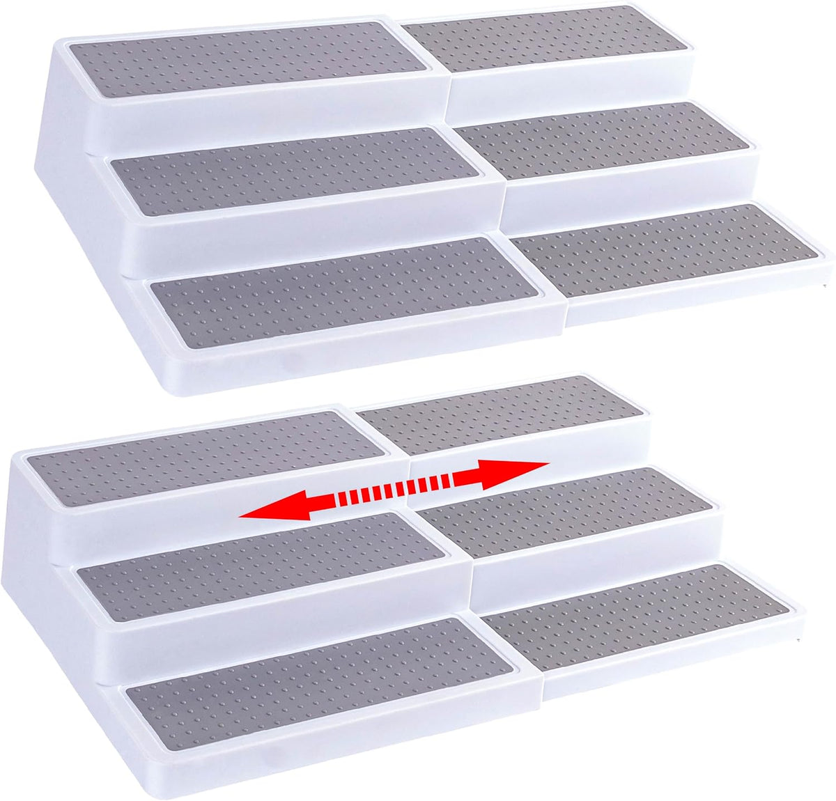 Close-up of white expandable racks with dotted grey pads and red arrows indicating sliding extension