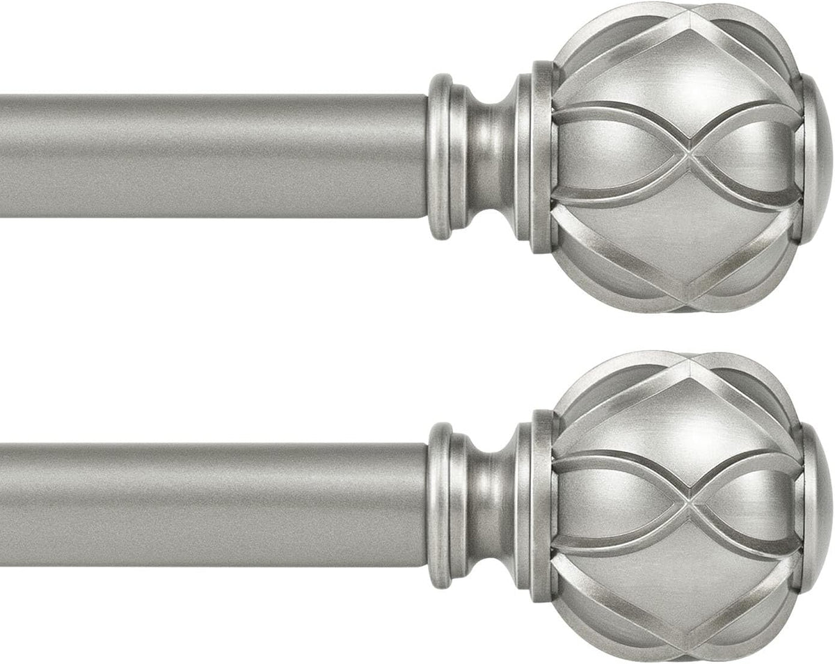 Two parallel silver curtain rods with matching decorative spherical finials shown stacked one above the other.