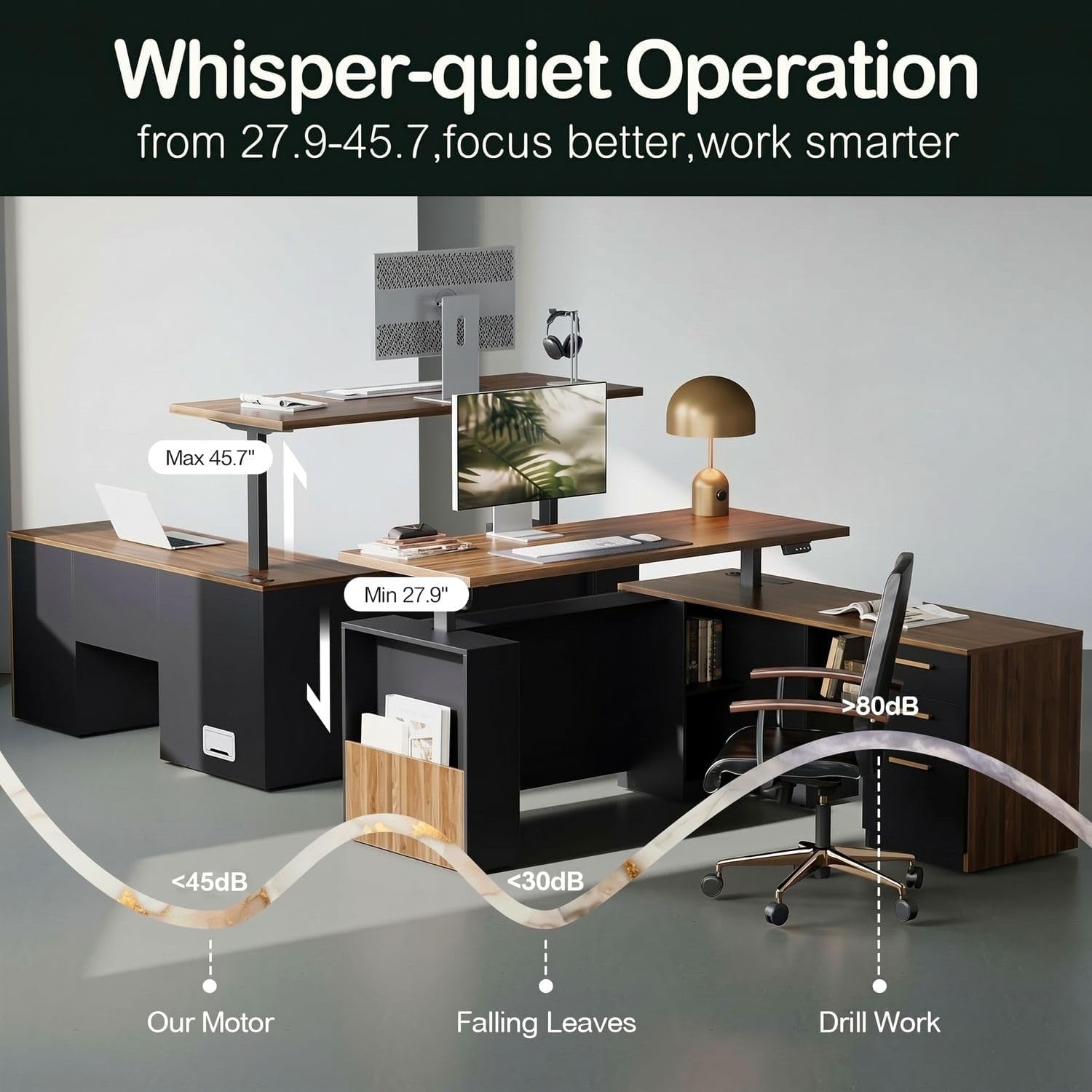 Wood-grain L-shaped standing desk in an office scene with monitor, lamp, chair, and height range indicators.