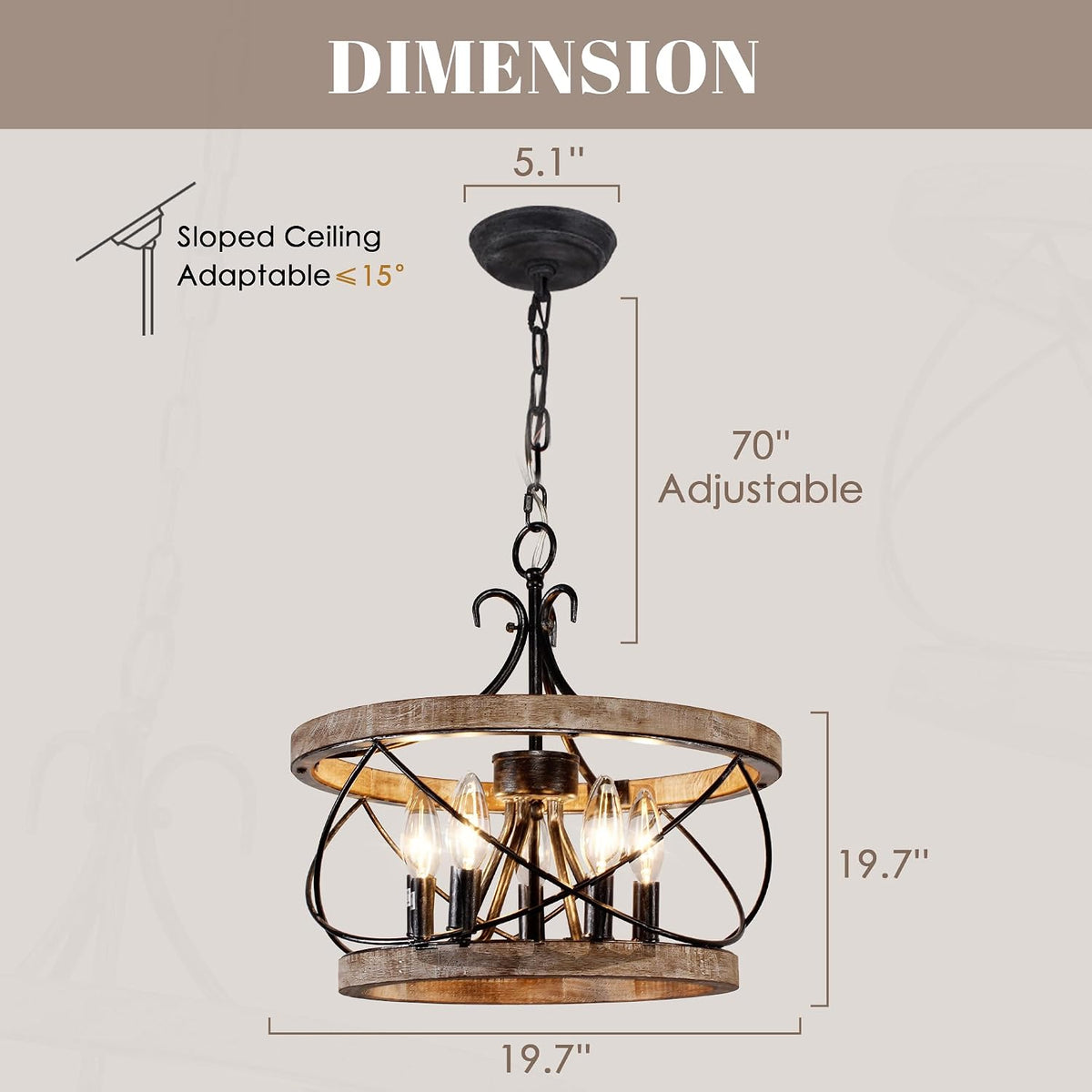 Front view of the chandelier highlighting the adjustable hanging chain with a dimensional overlay showing 70-inch maximum