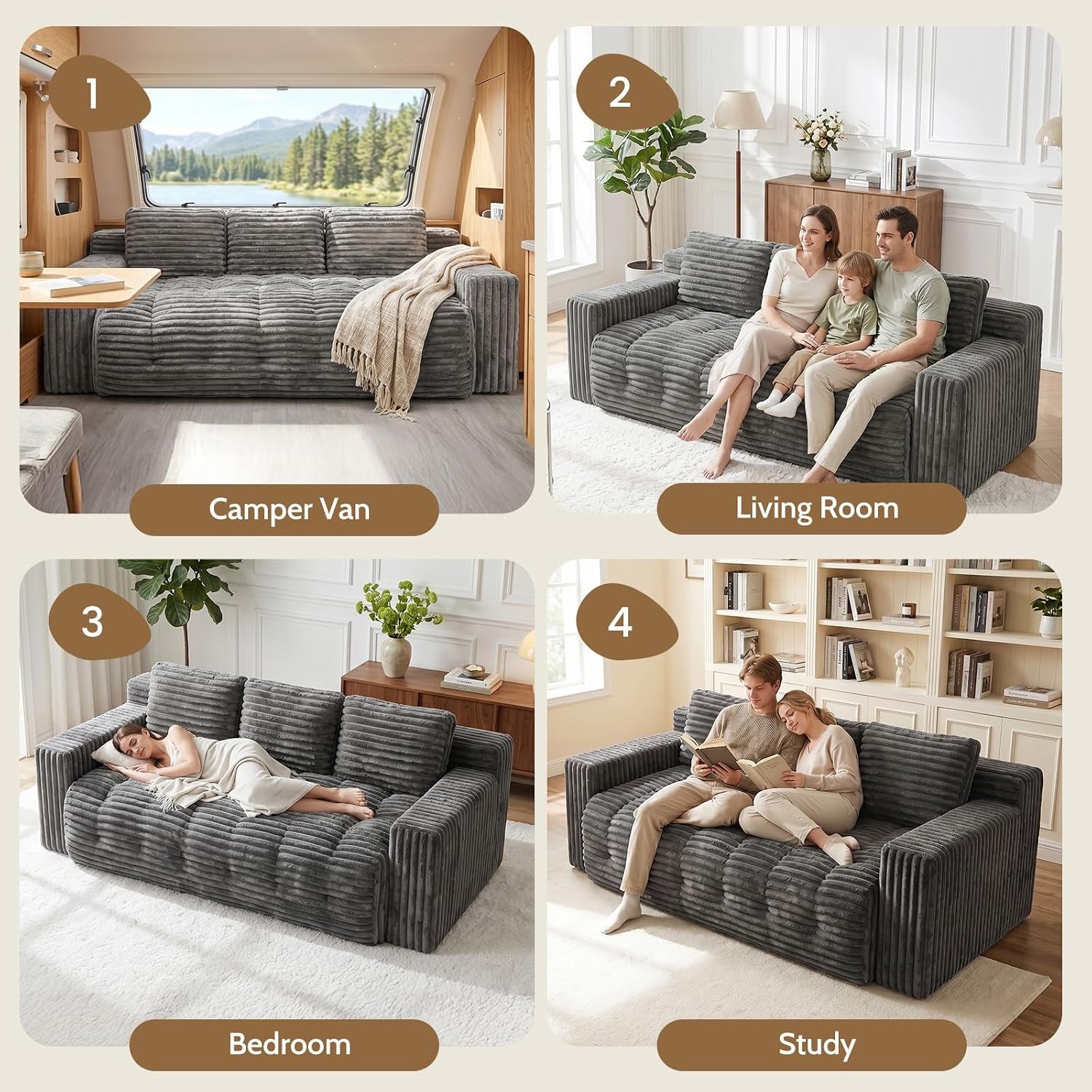 70” Boneless Couch, 3 Seater Sofa Couch with Extra Deep Seats 3 Pillows,Corduroy Modern Small Couch for Living Room, Office, Bedroom, Apartment,Grey