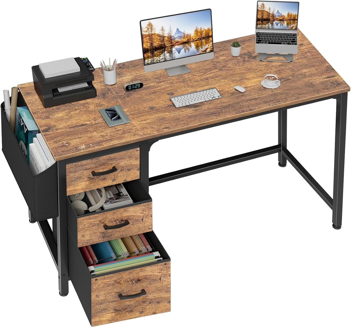 Angled product shot of a rectangular wood-look desk with black metal frame and three fabric-front drawers on left