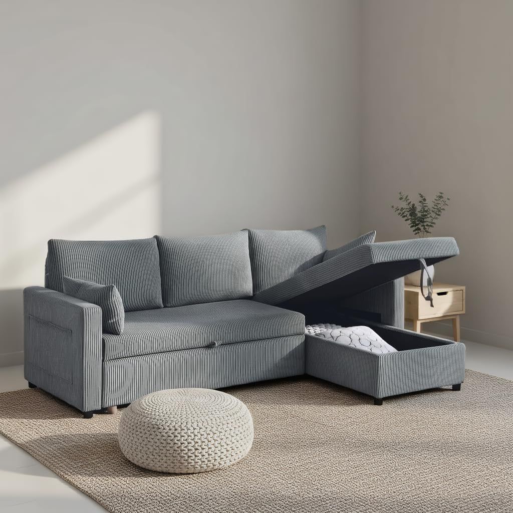 Angled view of grey corduroy L-shaped sleeper sofa in minimalist room with pouf