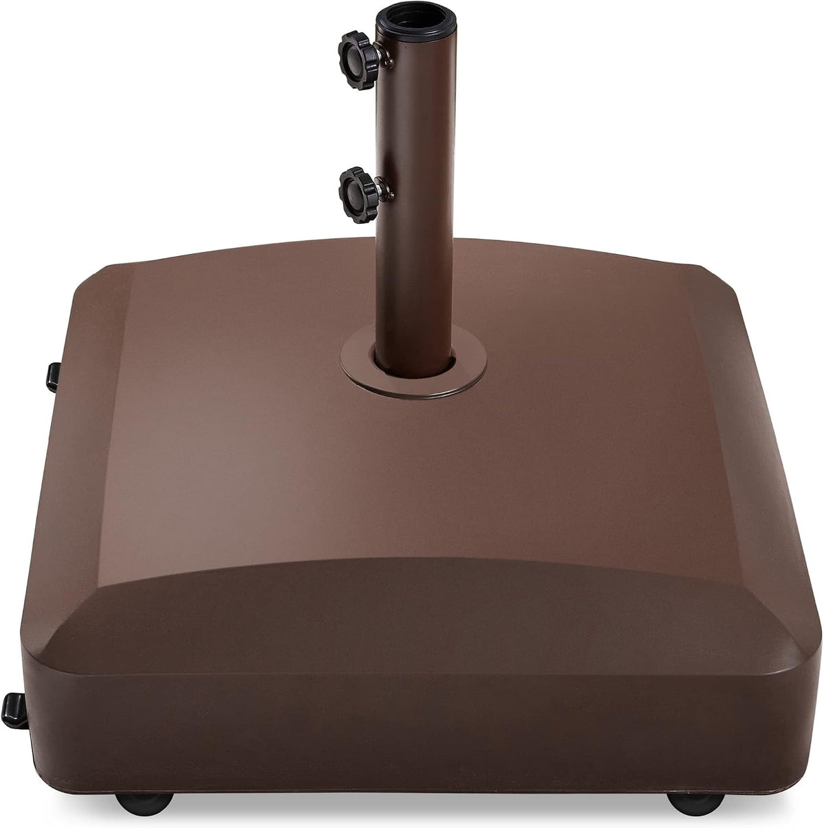 Close top view of a bronze-colored umbrella base with the receiver tube and two tightening knobs.