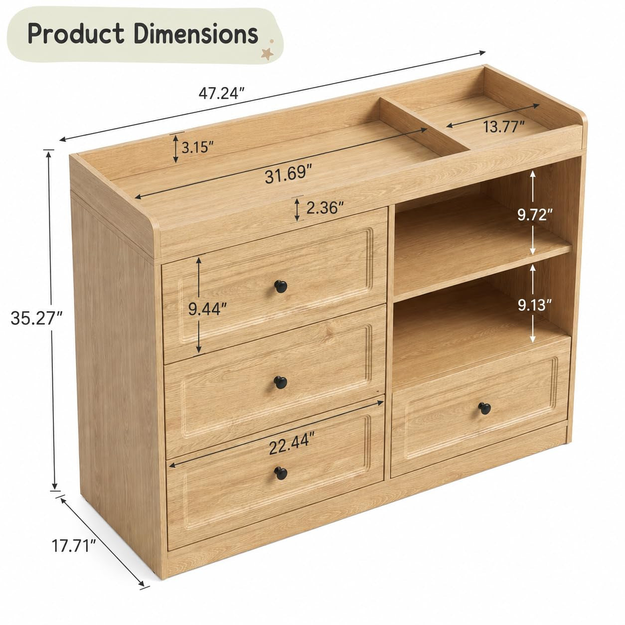 Angled view of the changing table with measurement arrows and dimension callouts overlaid.