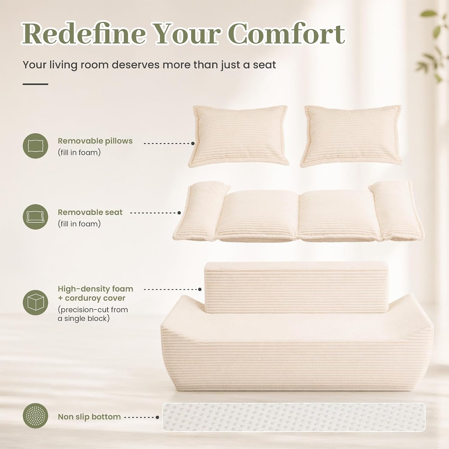 Exploded view of sofa components showing removable pillows, removable seat, foam block and non-slip bottom