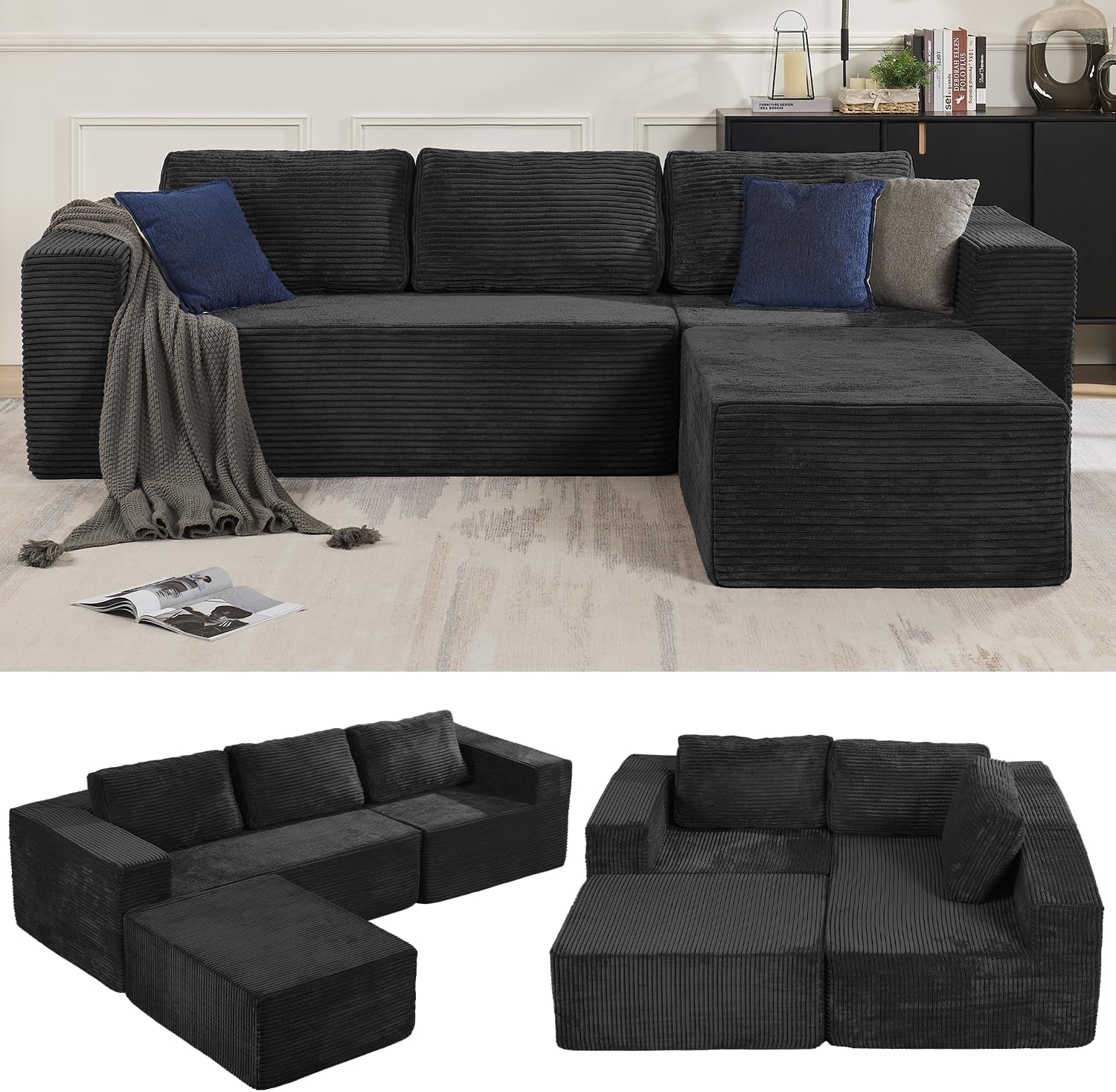 Front view of a dark charcoal L-shaped modular sectional with ottoman and accent pillows, shown with two layout diagrams