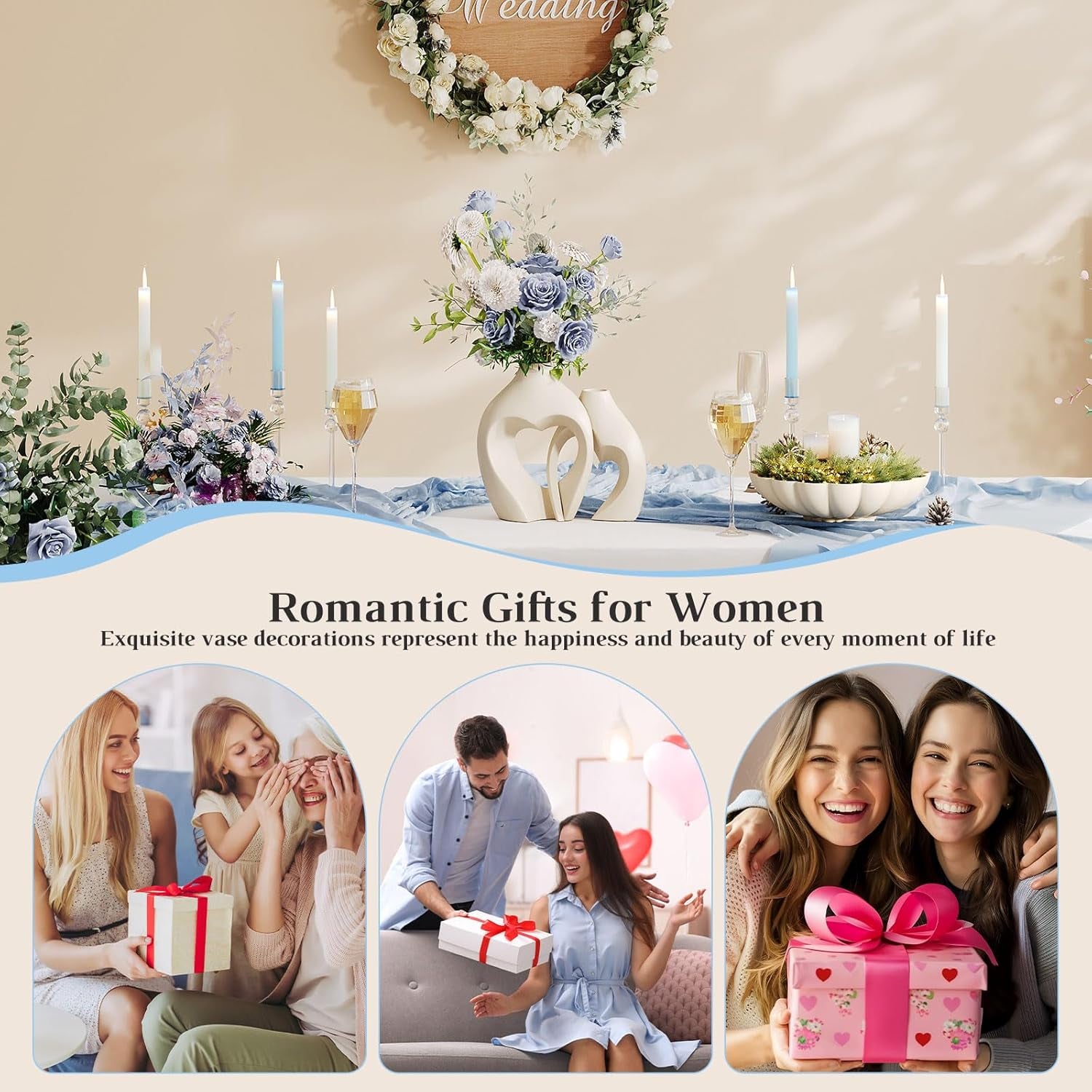 Tabletop wedding-style scene with the heart vases as a centerpiece and three gift-giving photos below