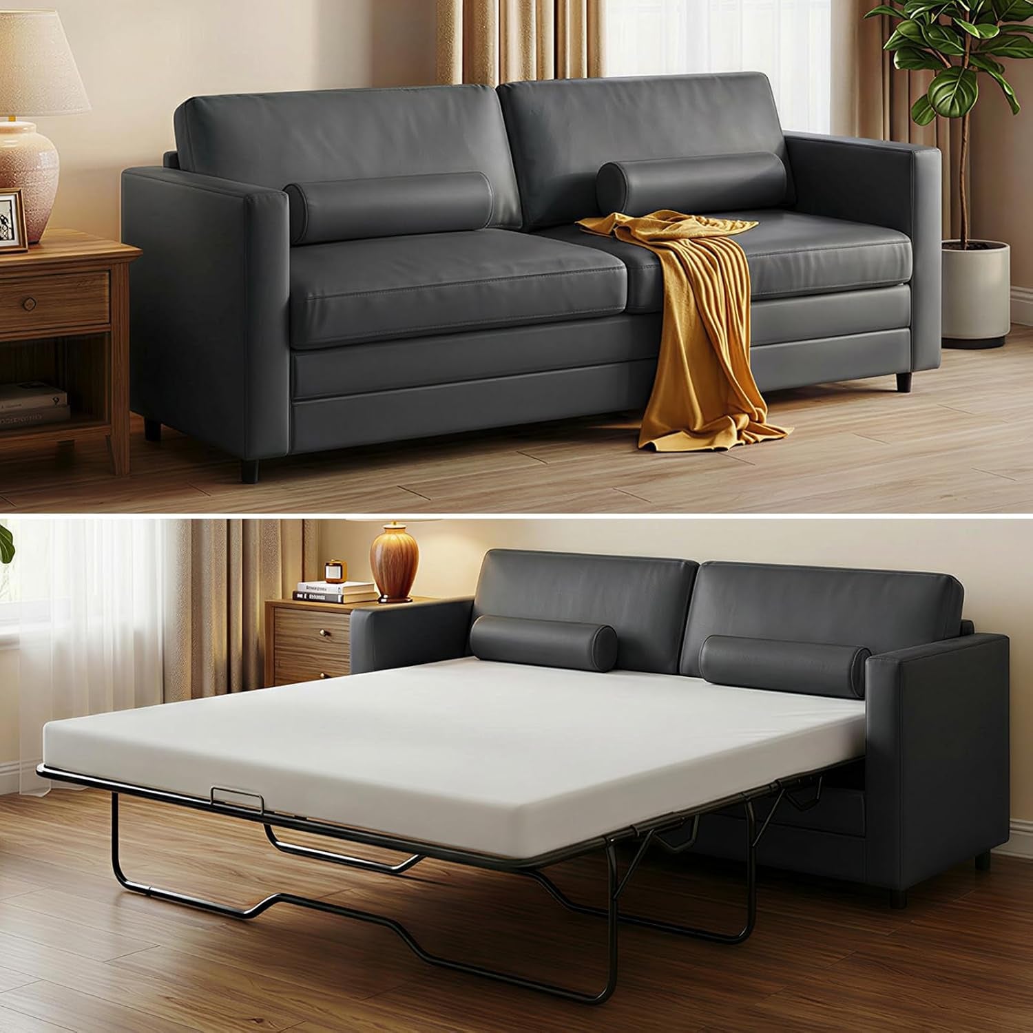 Dark grey faux leather sofa shown in an angled front view with the pull-out bed partially displayed