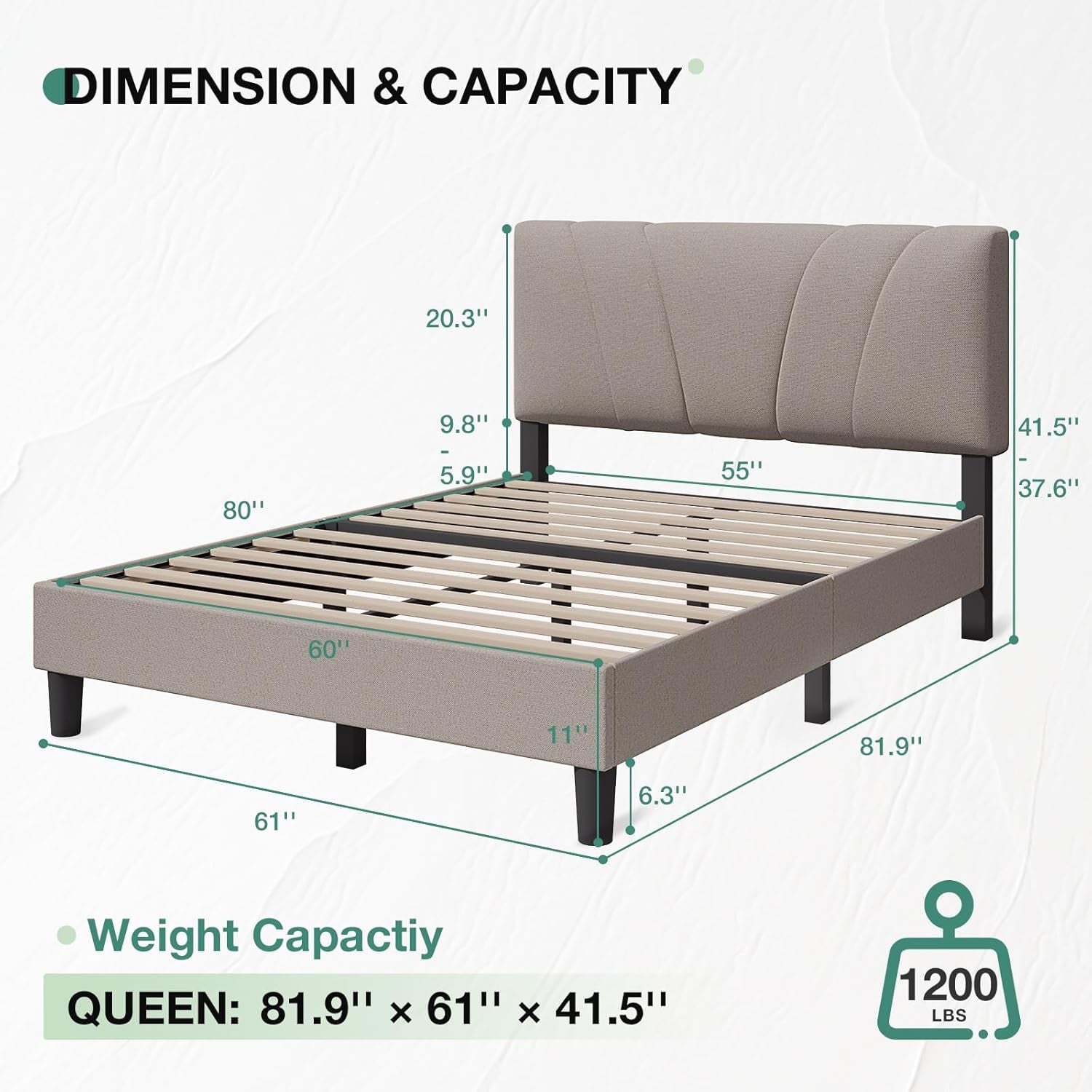 Dimension diagram of the beige queen bed frame with slats, height options, and weight capacity.