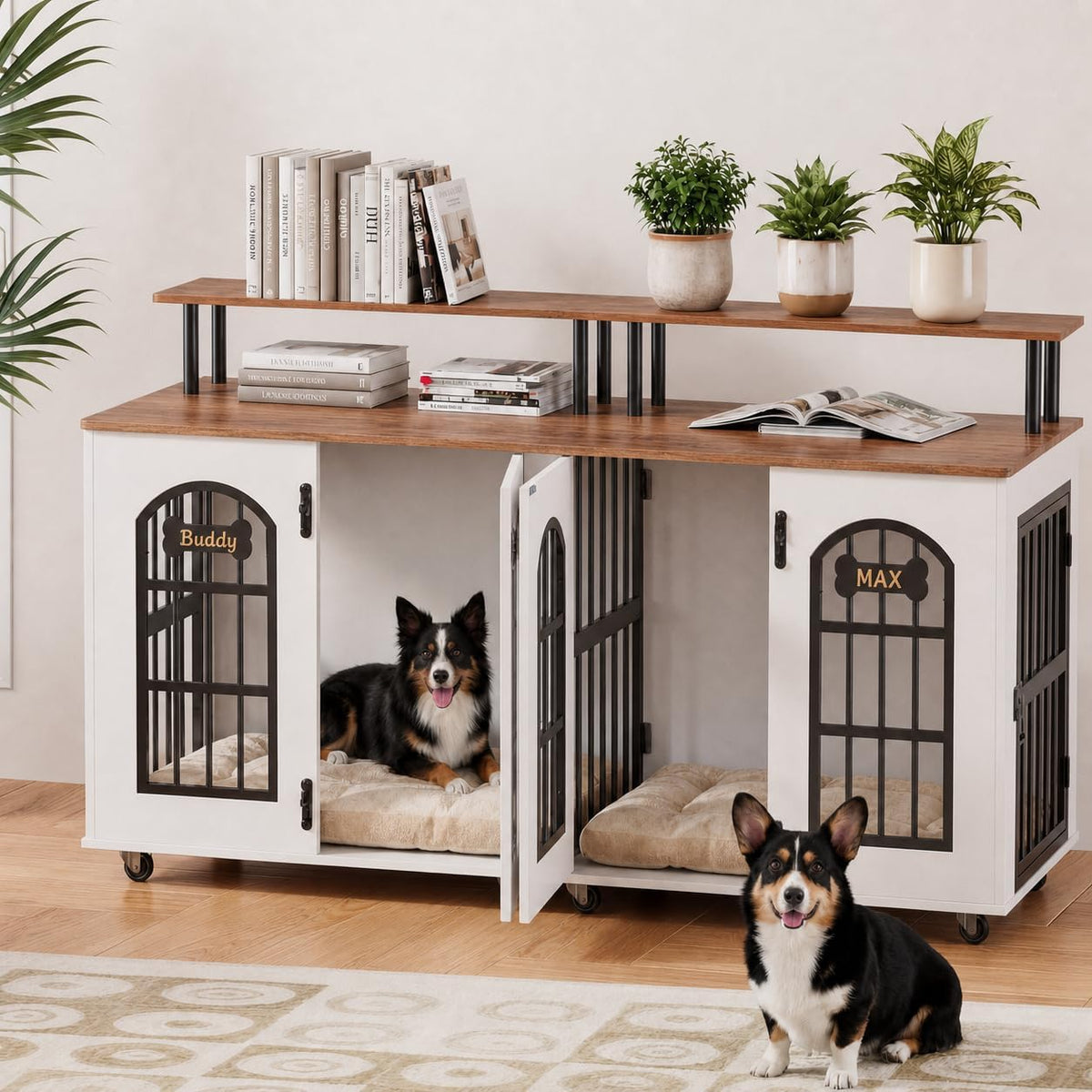 White double-dog crate console with wood top shelf and two small dogs inside and beside the open center door.