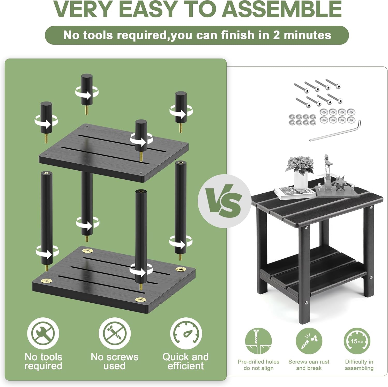 Exploded assembly illustration showing the two slatted panels and four cylindrical legs with no-tools assembly concept