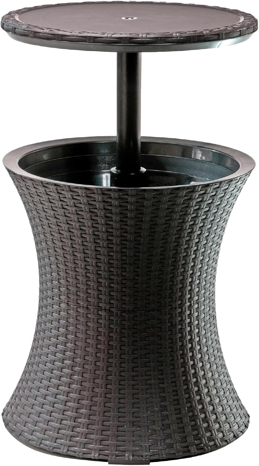 Round outdoor cooler table in dark brown rattan weave with pop-up top raised, front view