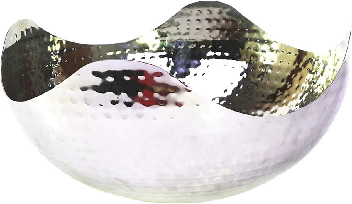 Close frontal crop showing the bowl’s wavy scalloped rim and mirror-like hammered interior reflecting colors.