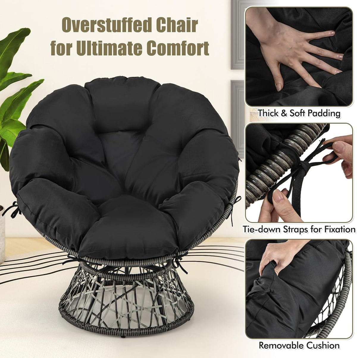 Front view of the overstuffed black cushion seated in the wicker shell with visible tie-down straps