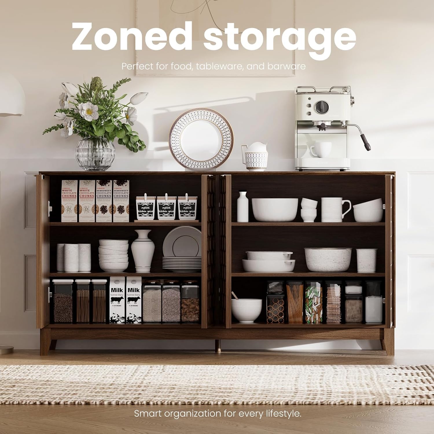 Interior view of sideboard with both doors open showing zoned storage and adjustable shelves with tableware