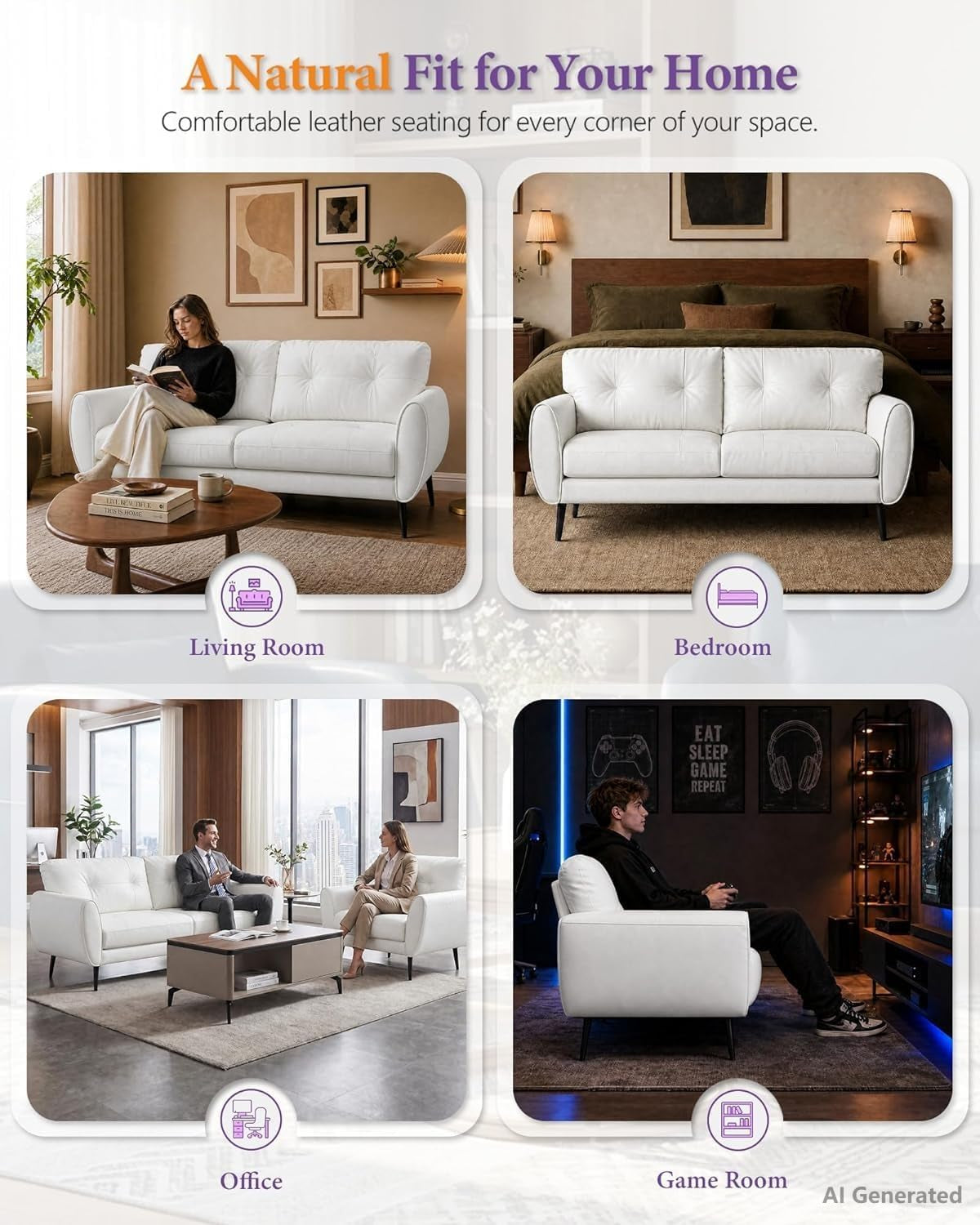 Four-panel lifestyle grid showing the loveseat in living room, bedroom, office, and game room settings