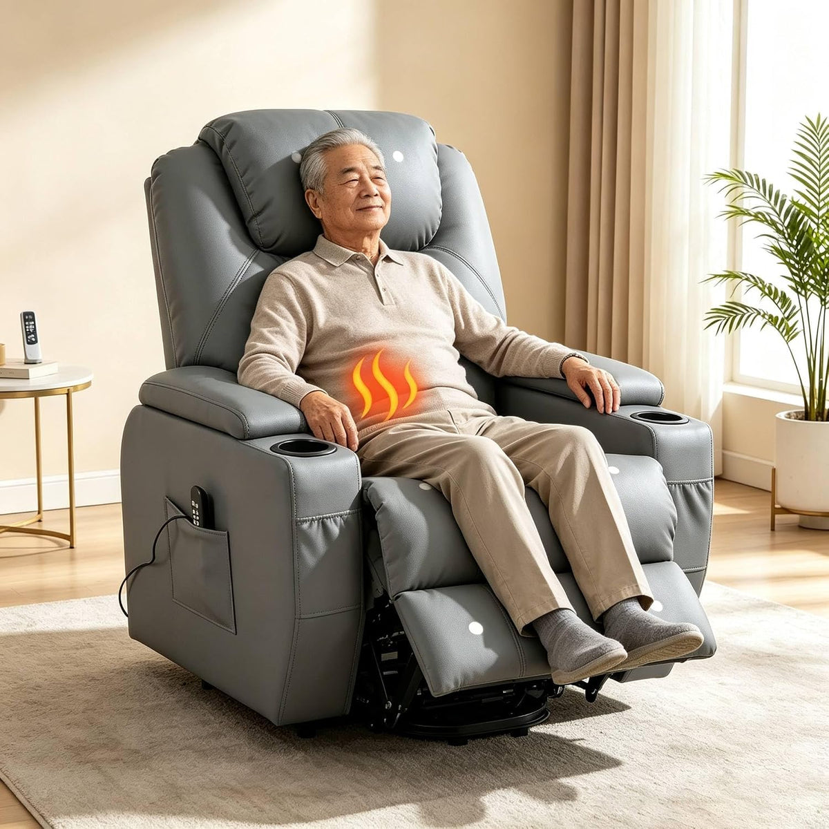 Grey recliner with seated person and lumbar heat graphic, remote in side pocket