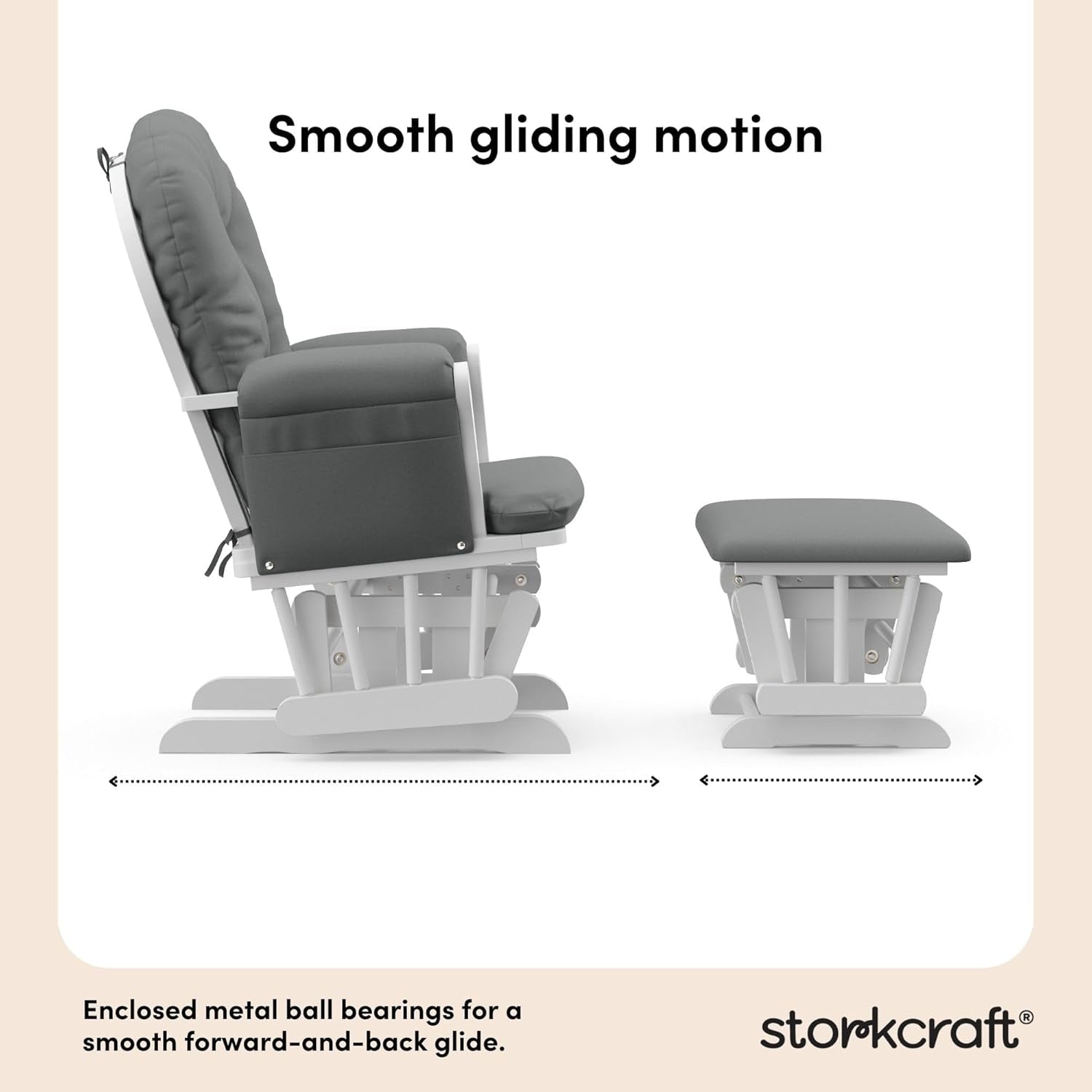 Side view of a gray cushioned glider chair and matching ottoman on a white wooden base.