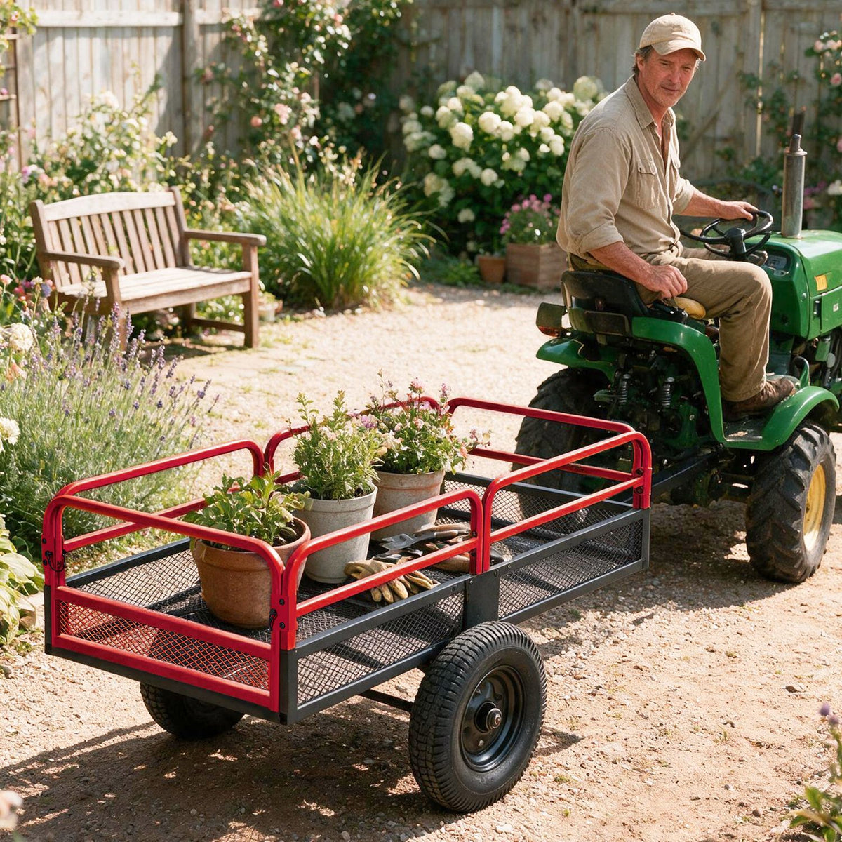 Red-railed metal cart carrying potted plants is hitched to a small green tractor in a garden.