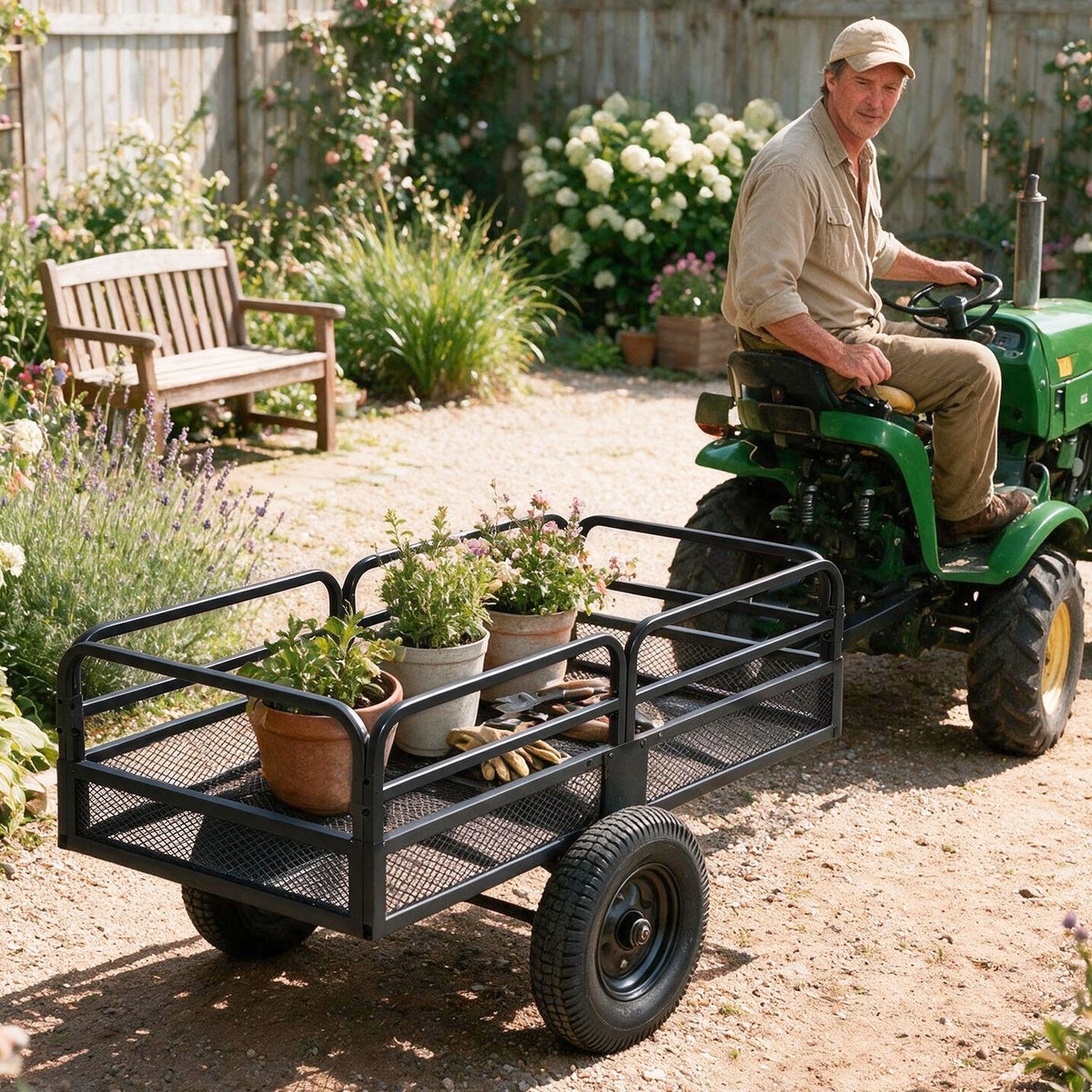 Black metal dump cart loaded with potted plants beside a garden tractor in a garden