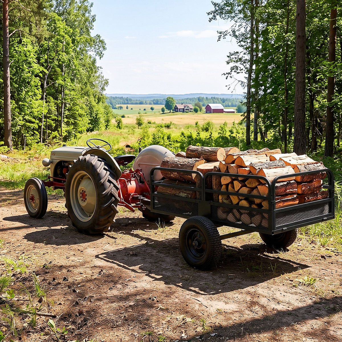 Black metal dump cart filled with firewood attached to a tractor on a woodland path