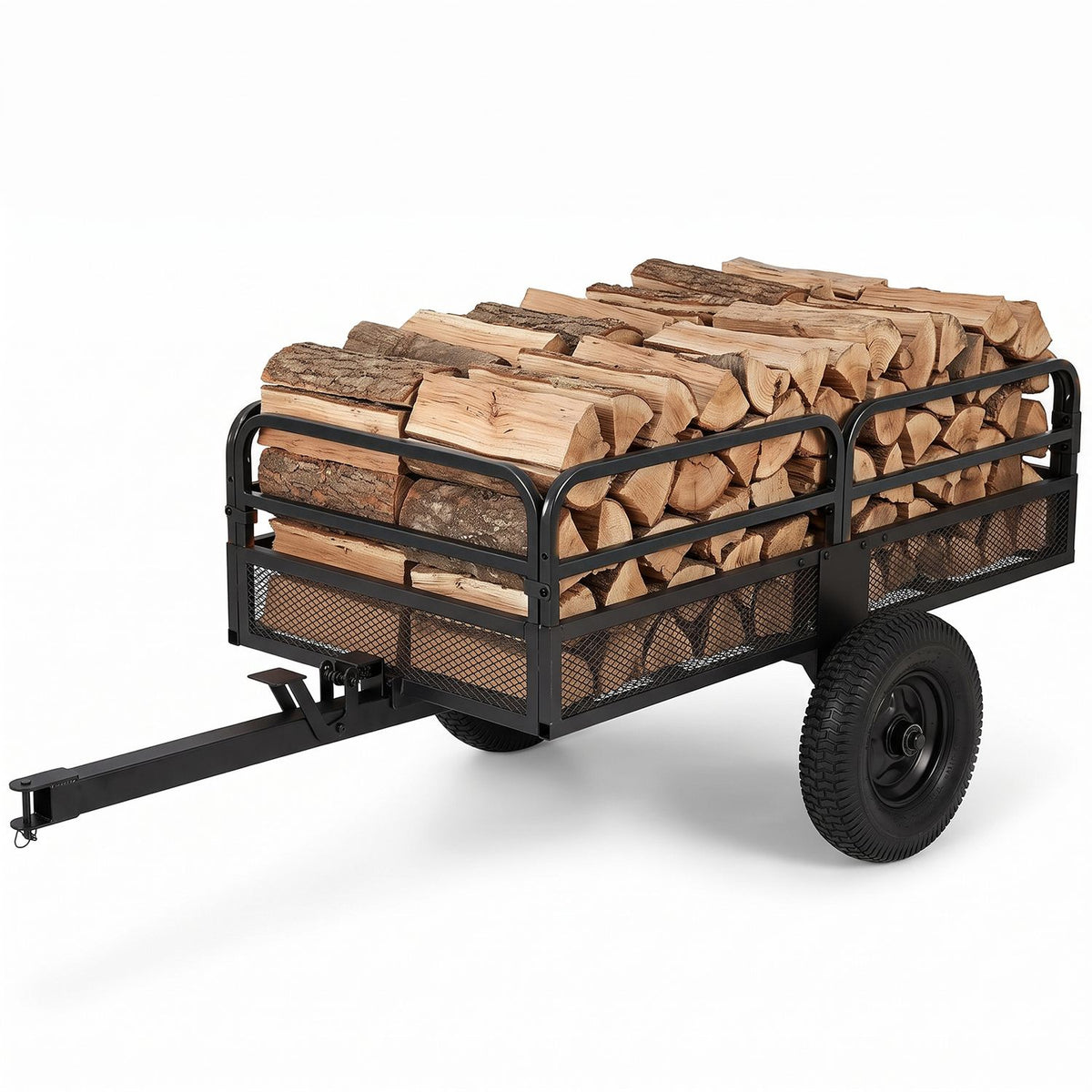 Black metal dump cart loaded with firewood, shown at an angled front view