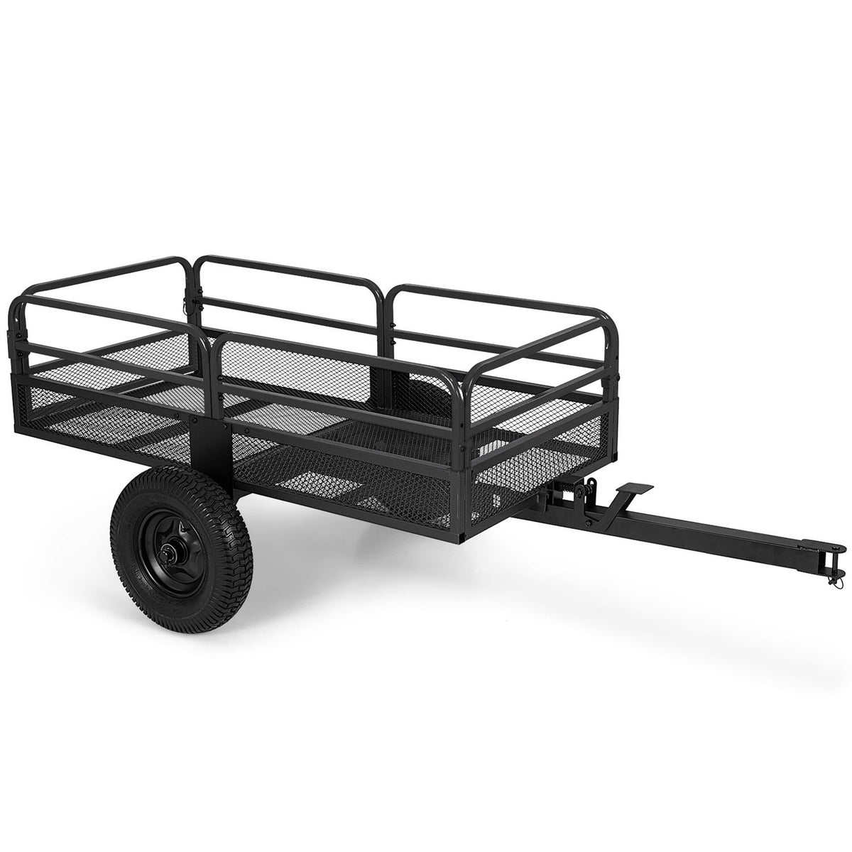 Empty black metal dump cart with tow bar, shown at an angled side view