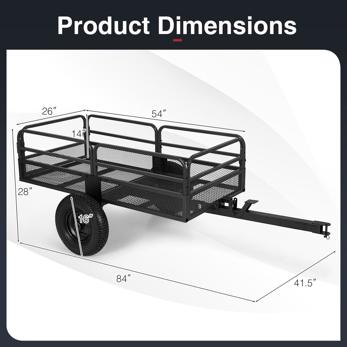Dimension diagram of a black metal dump cart with the tow bar extending right