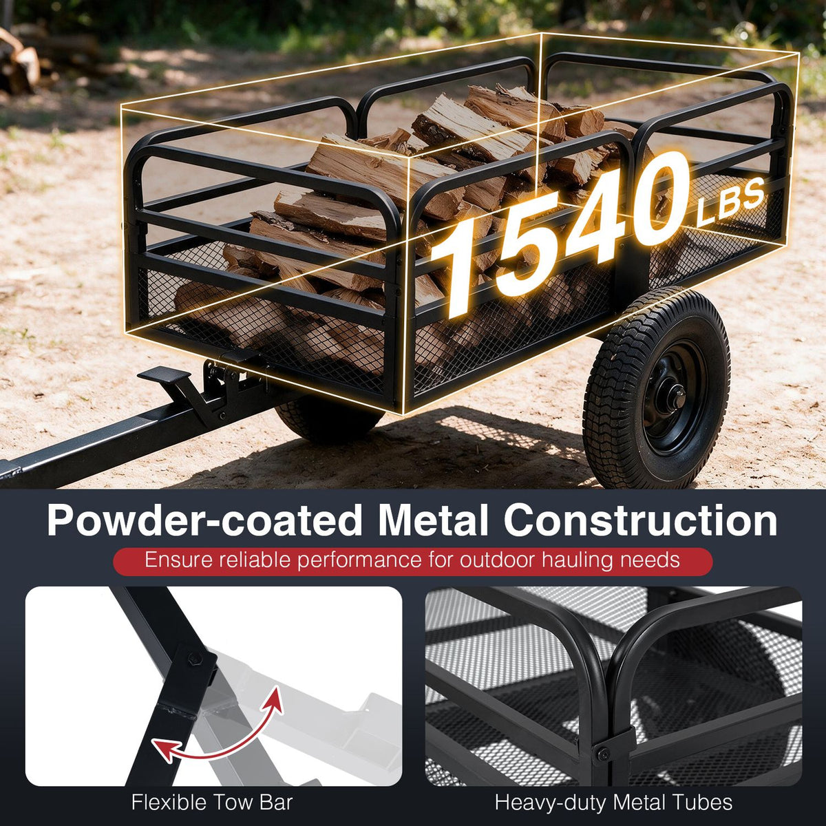 Black metal dump cart loaded with firewood outdoors, with close-ups of the tow bar and frame