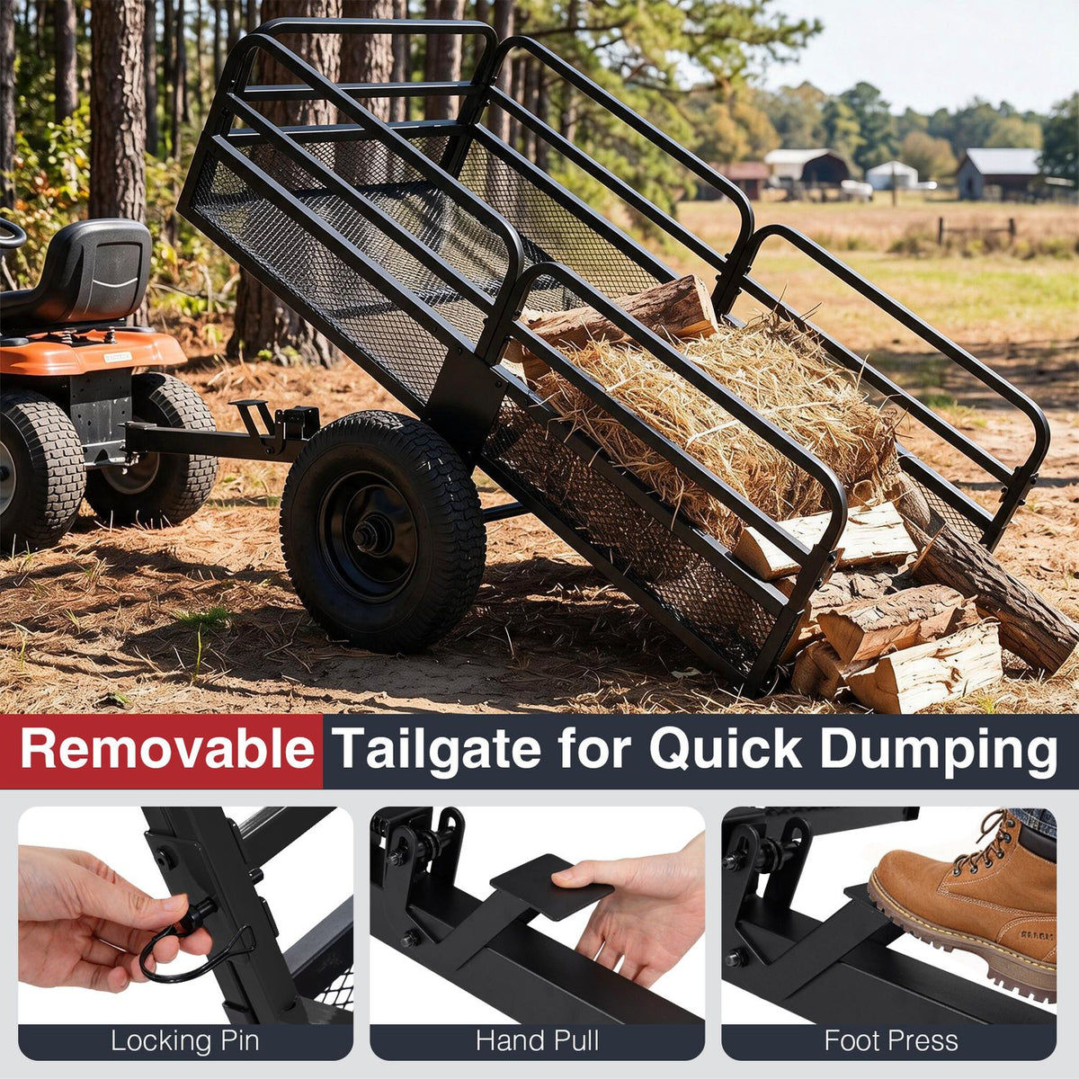 Black metal dump cart tilted beside a tractor, unloading logs and straw; three insets show its release mechanisms.