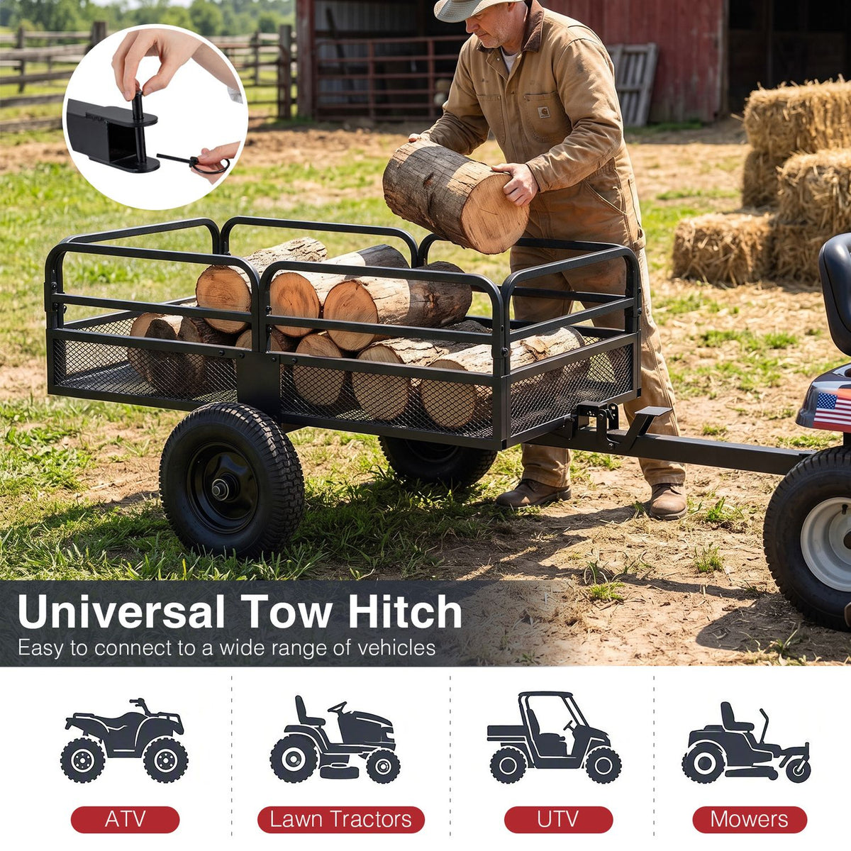 Black mesh-sided cart loaded with logs is hitched to a vehicle as a person adds another log.