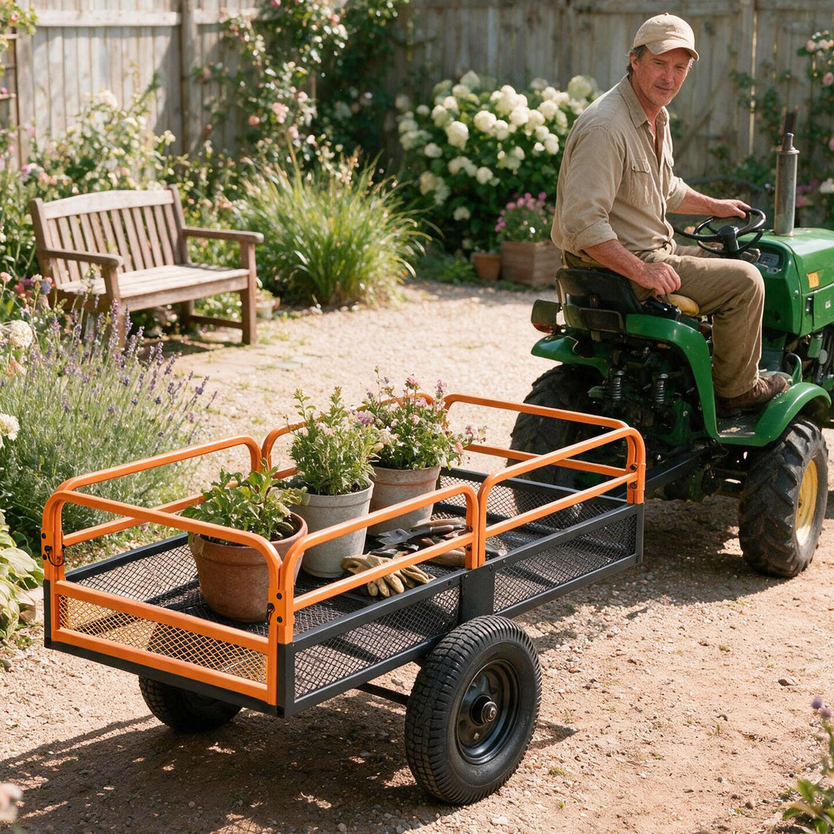 Orange-railed mesh cart carrying potted plants is hitched to a green garden tractor.