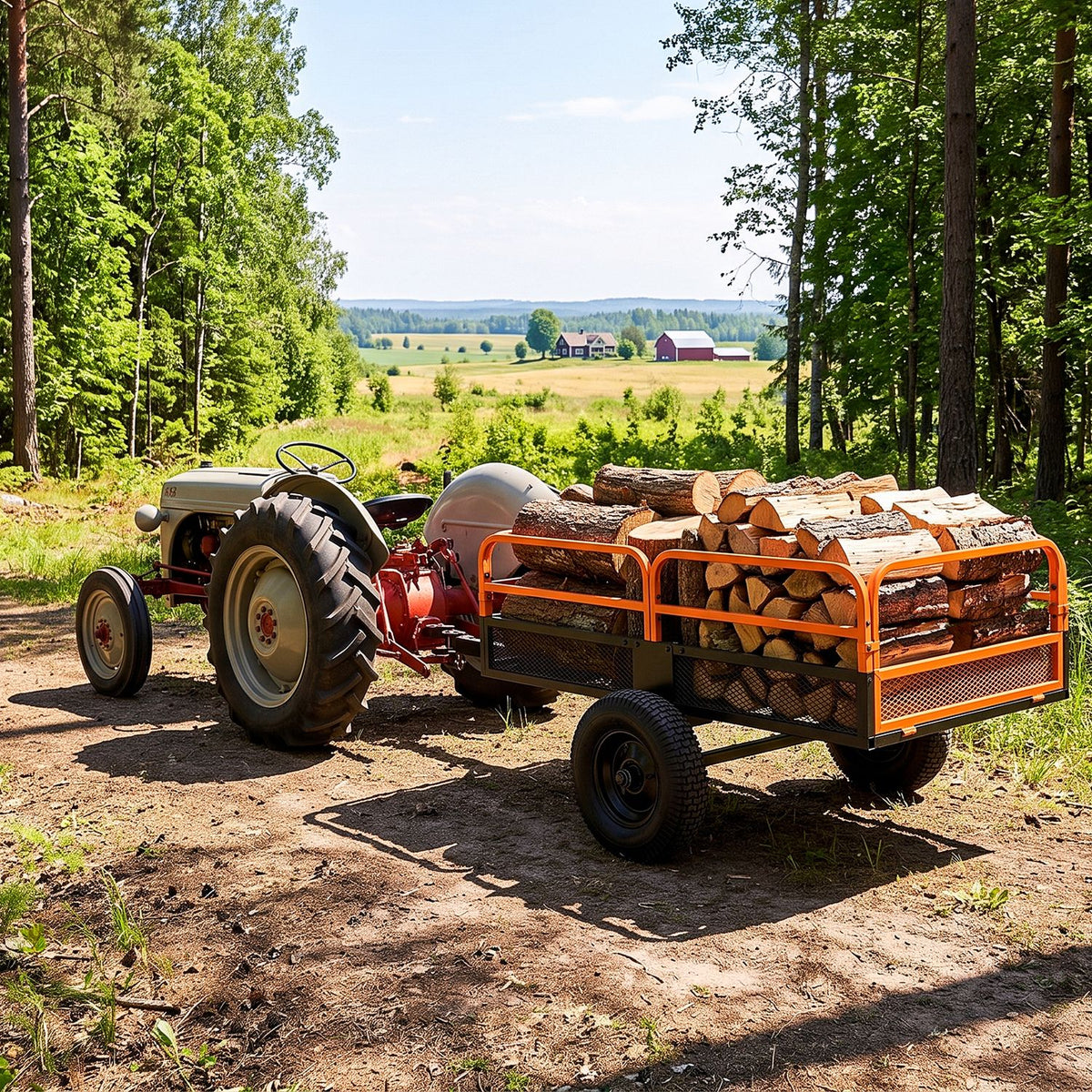 Orange-railed cart piled with cut logs is towed by a tractor along a wooded path.