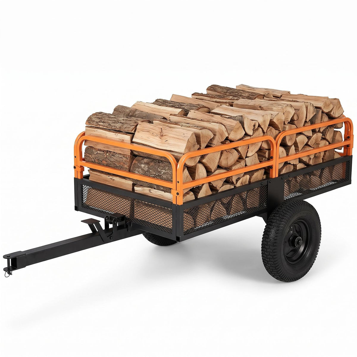 Orange-and-black dump cart loaded with split firewood, shown on a white background.