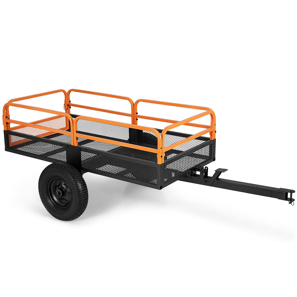 Empty orange-and-black dump cart shown from the side on a white background.