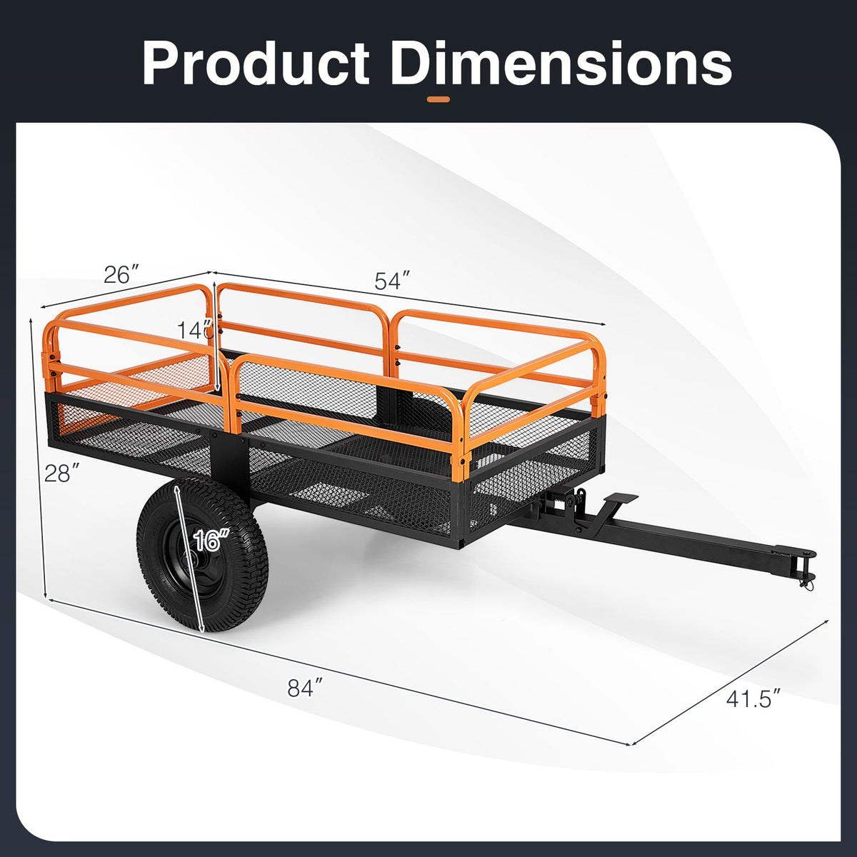 Orange-and-black dump cart shown with measurement lines around its frame, bed, and wheels.