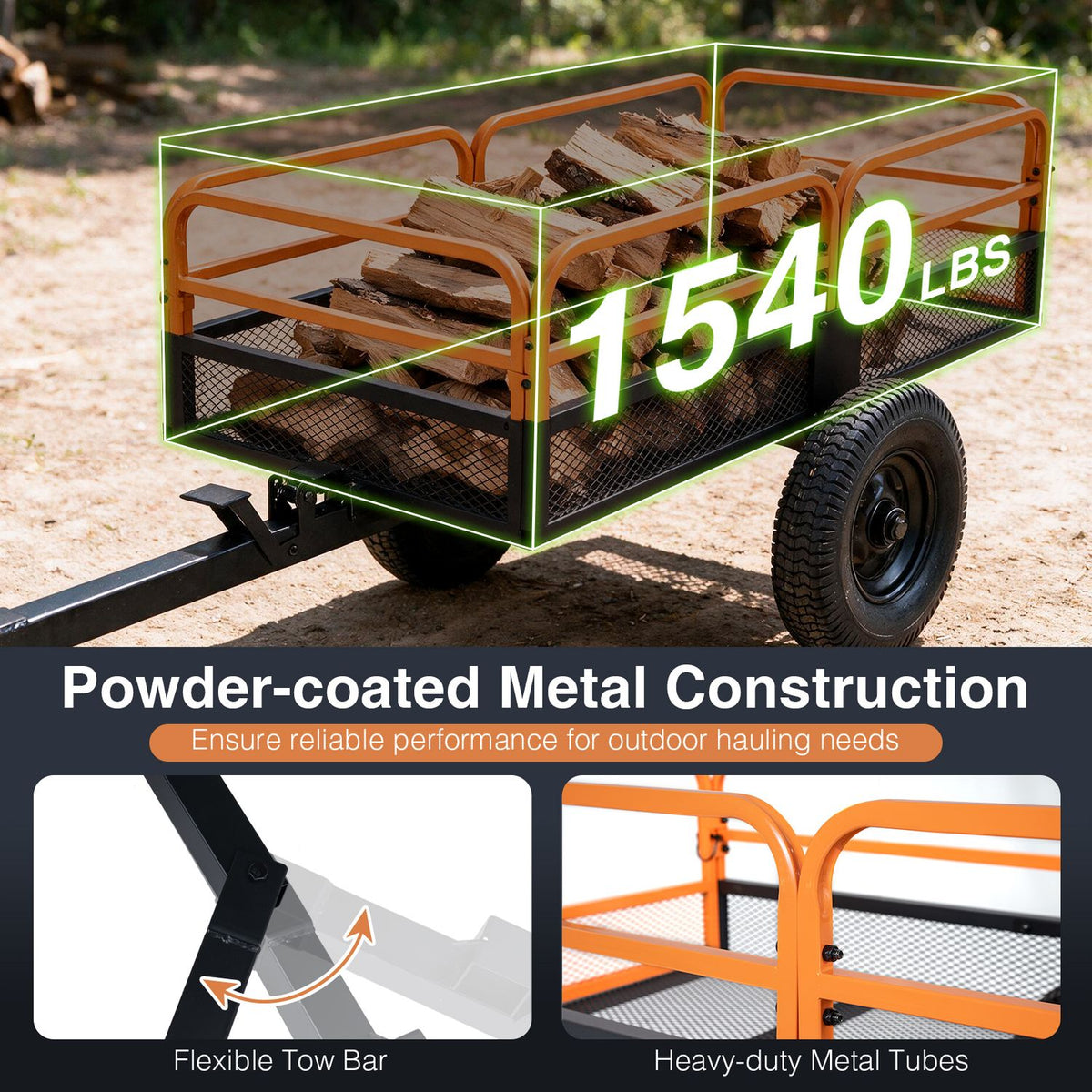Loaded dump cart outdoors with close-up panels of its tow bar and metal side rails.