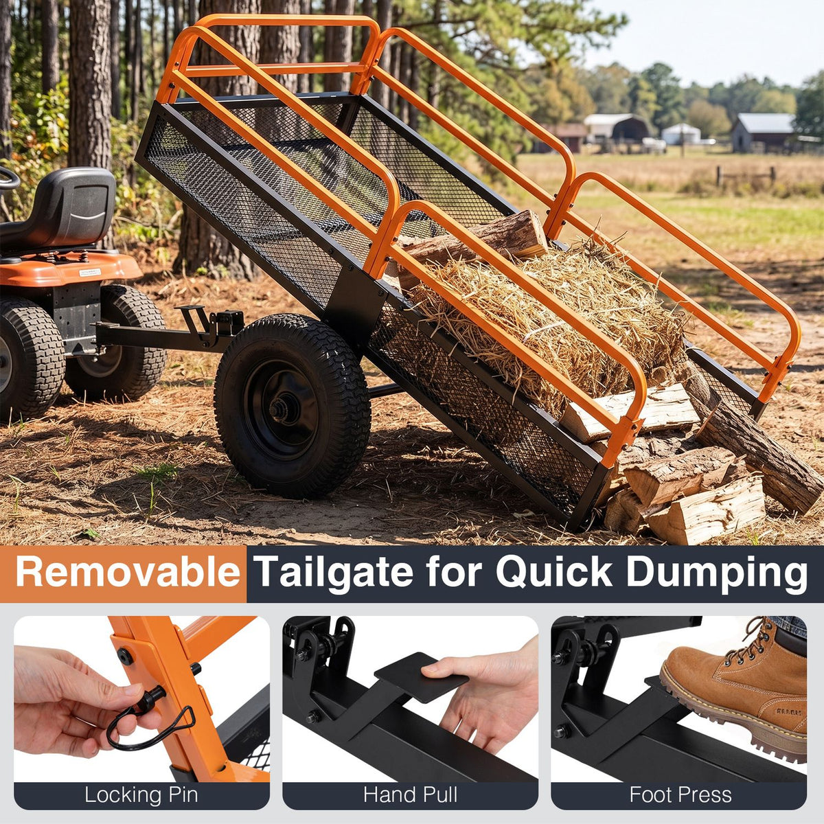 Orange-railed metal cart tilted to unload logs, with close-ups of its latch and dumping controls.
