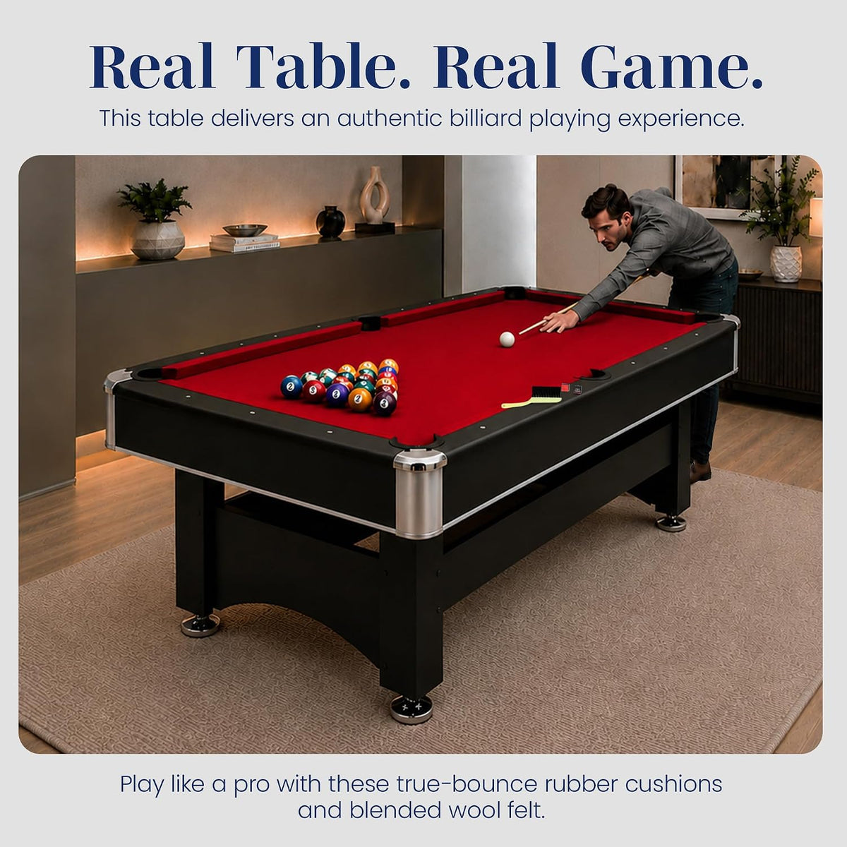 Red-felt pool table in a living room setting with a player lining up a shot, angled front view