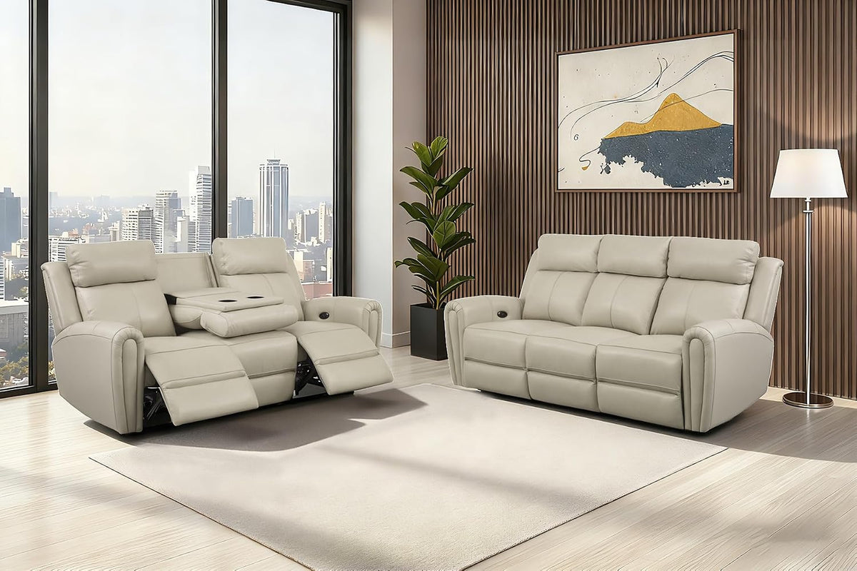Light beige leather reclining sofa and loveseat set staged in a bright modern living room.