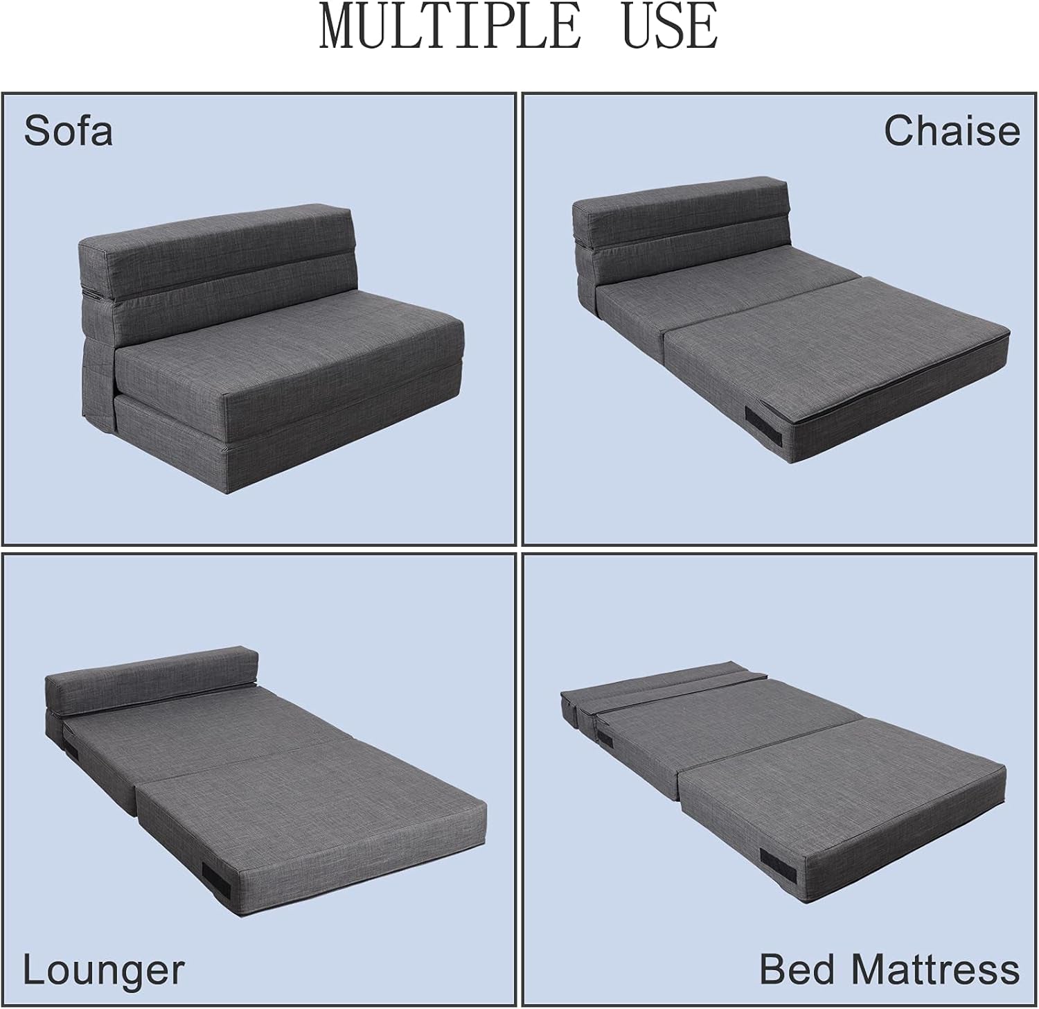 Four-panel collage showing the futon in sofa, chaise, lounger, and bed mattress configurations on blue background