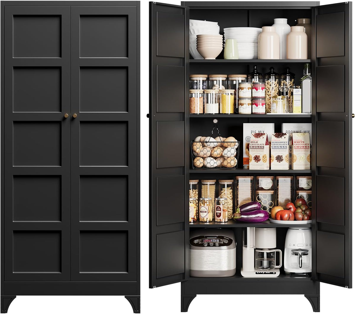 Front view split: closed black cabinet on left and open black cabinet showing organized pantry on right.