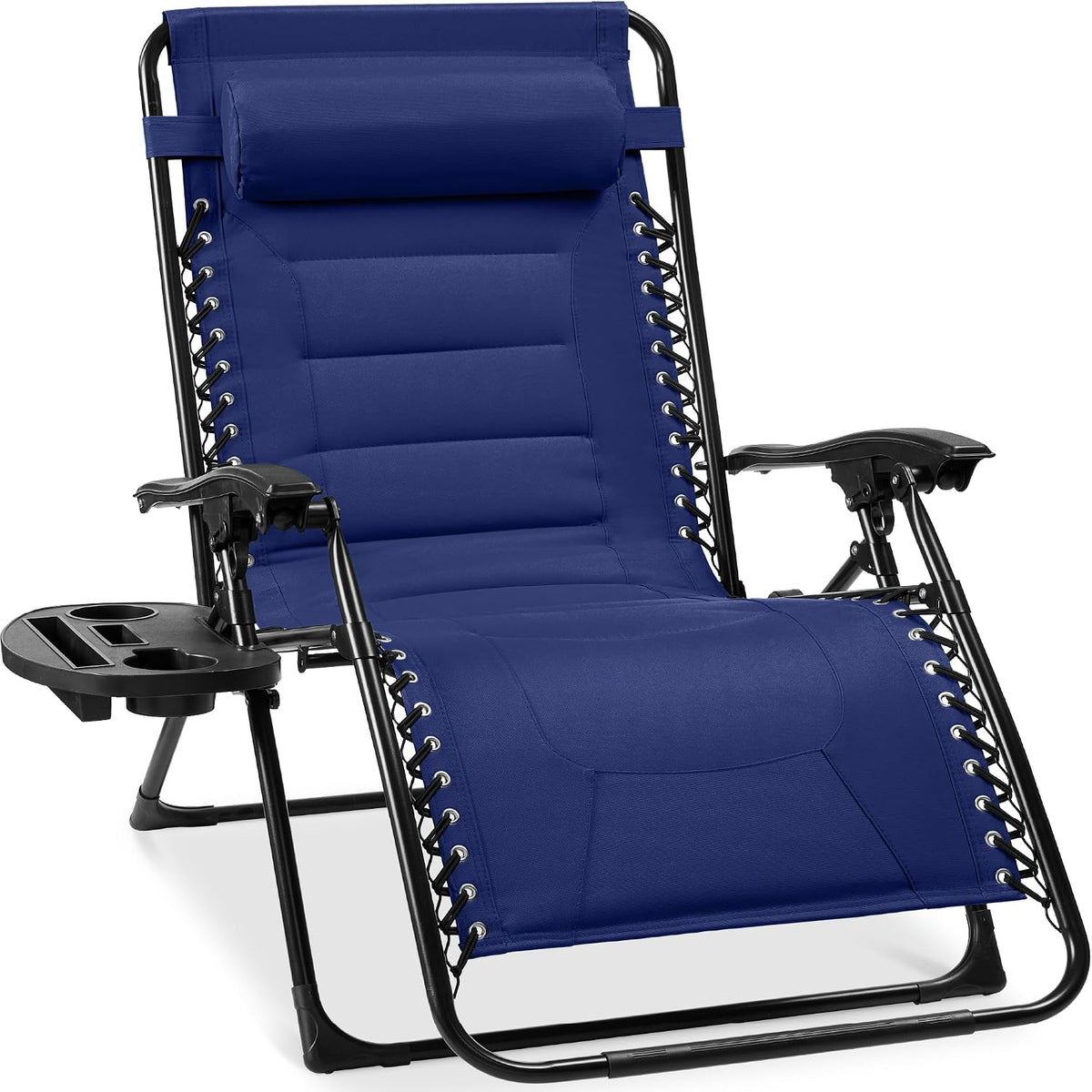 Navy blue padded zero-gravity recliner shown angled, with adjustable armrests and cup-holder tray.