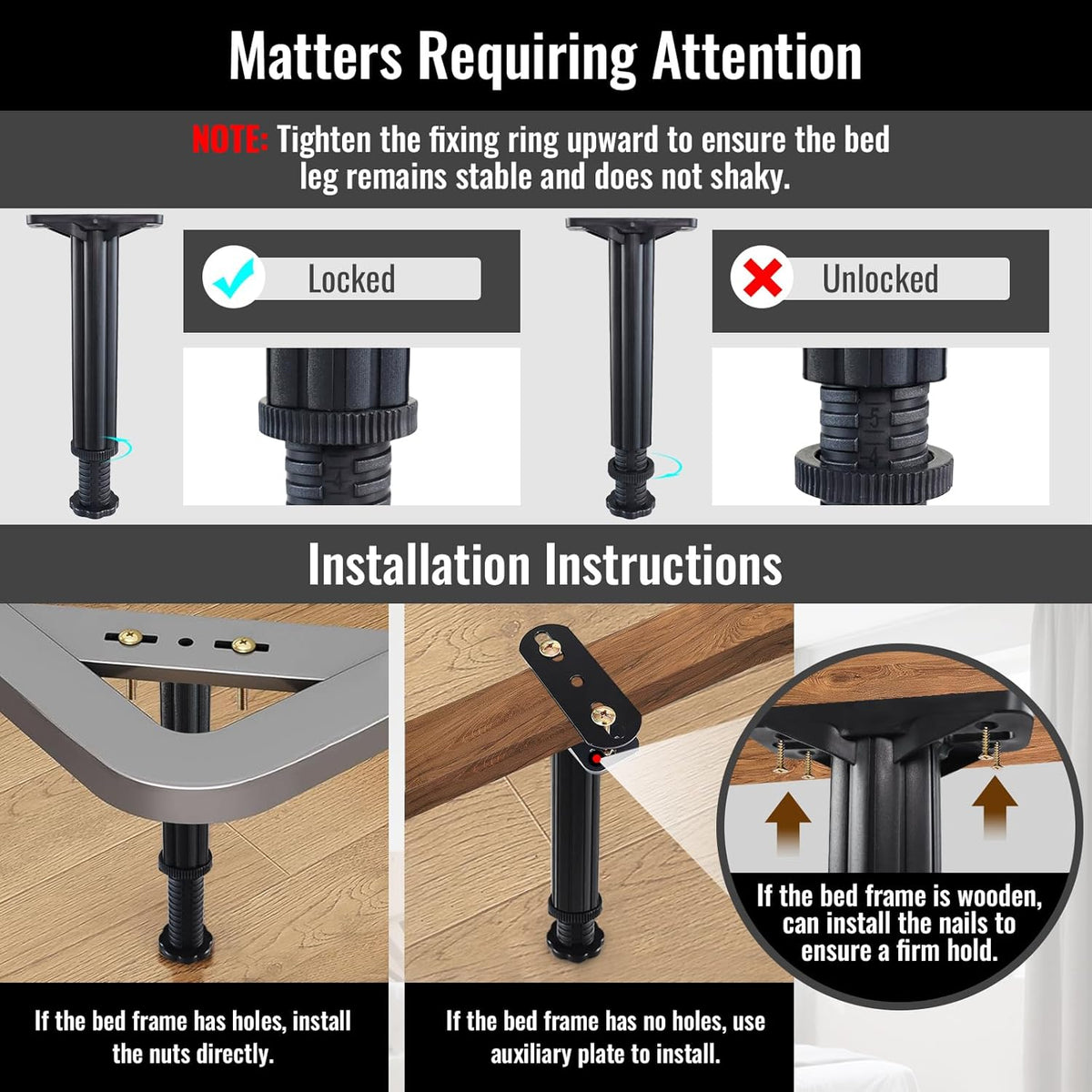 Instruction panel showing locked vs unlocked leg close-ups and photos of a leg installed under a metal frame and wood slat.
